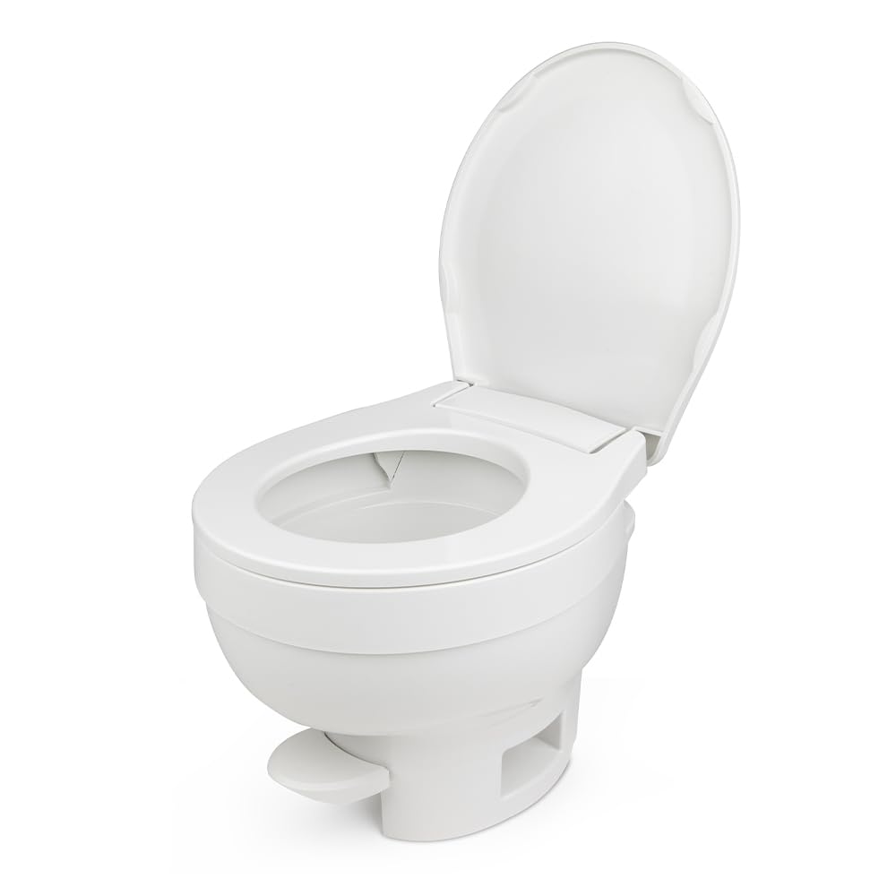 Thetford Aqua-Magic VI low profile toilet foot-pedal operation enables water activation with minimal leg movement.