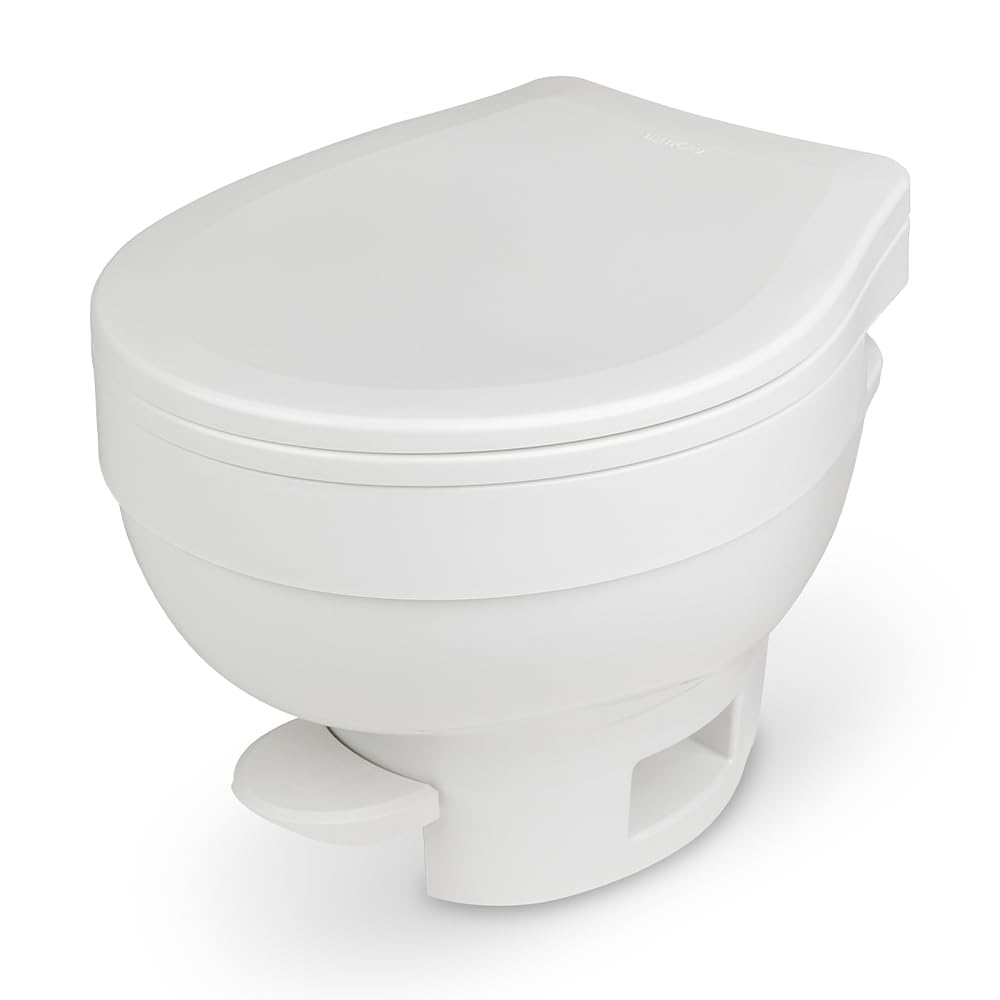 Thetford Aqua-Magic VI low profile toilet front view highlights space-saving design for RV bathrooms.