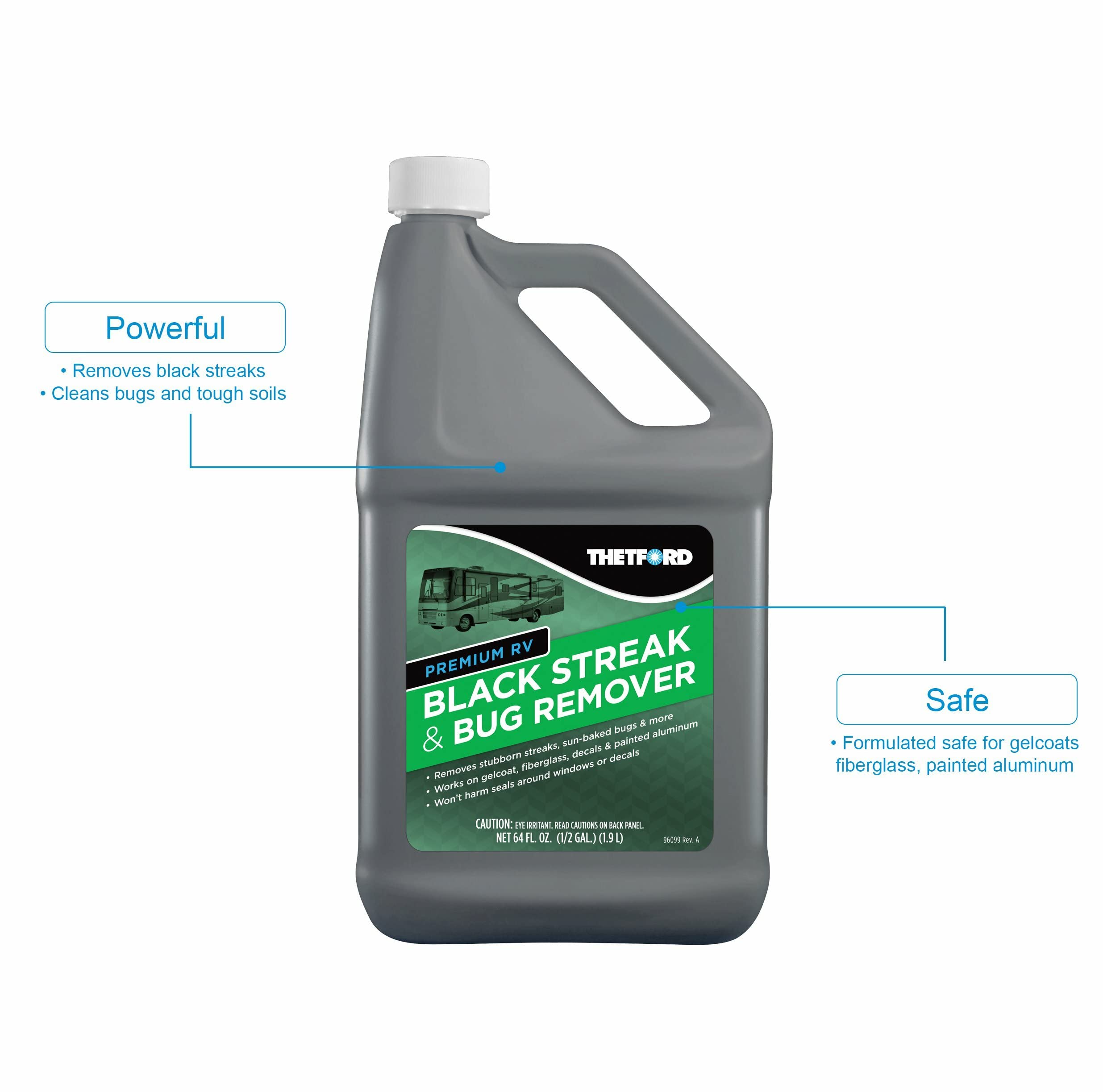 Thetford bottle shown on gel coat and fiberglass surfaces for safe cleaning