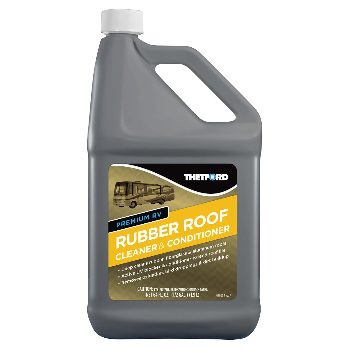 Thetford Premium RV Rubber Roof Cleaner bottle demonstrates safe, non-abrasive cleaning for EPDM roofs.