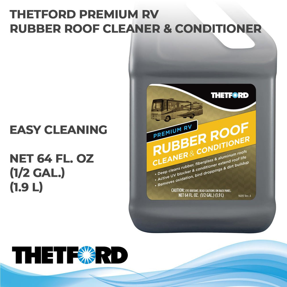Thetford Rubber Roof Cleaner application sponge lifts dirt and chalk from the roof surface.