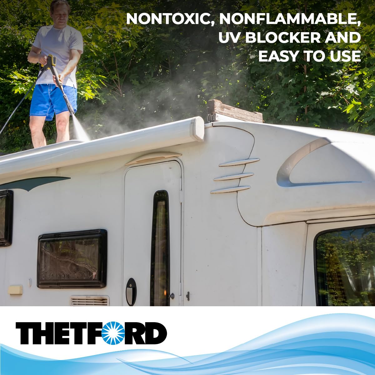 Thetford Rubber Roof Cleaner helps prevent black streaks after rinse.