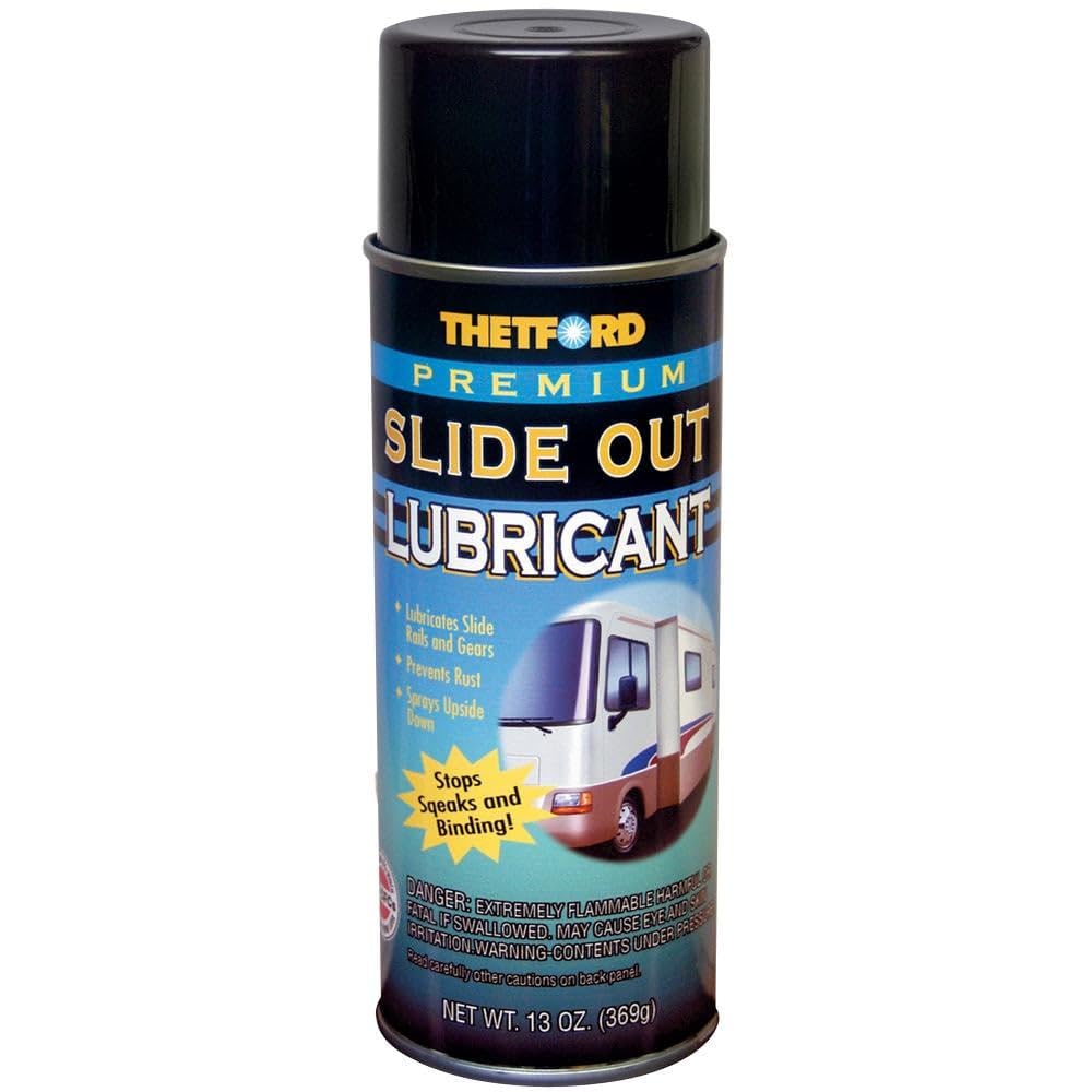 Thetford Premium RV Slide Out Lubricant 13oz aerosol eases rail movement and helps prevent rust, promoting smoother operation.