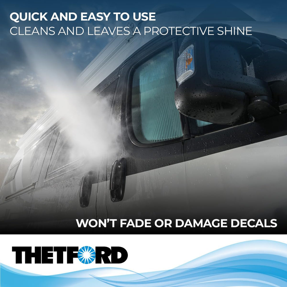 Thetford Premium RV Wash & Wax applied to a car, leaving a protective shine