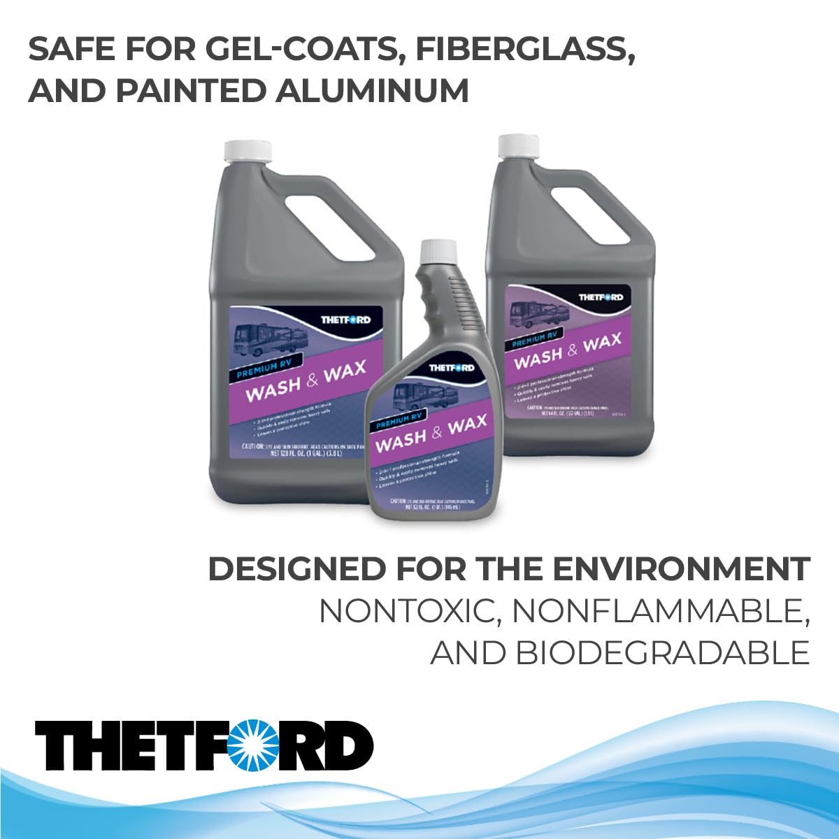 Foaming action of Thetford Premium RV Wash & Wax cleans tough soils on surfaces