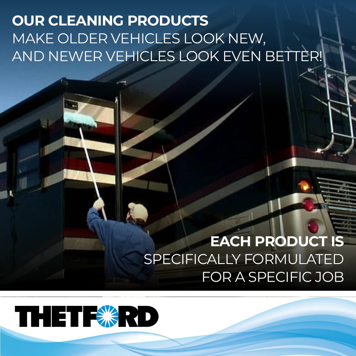 After wash, Thetford Premium RV Wash & Wax leaves anti-static, water-repellent shine