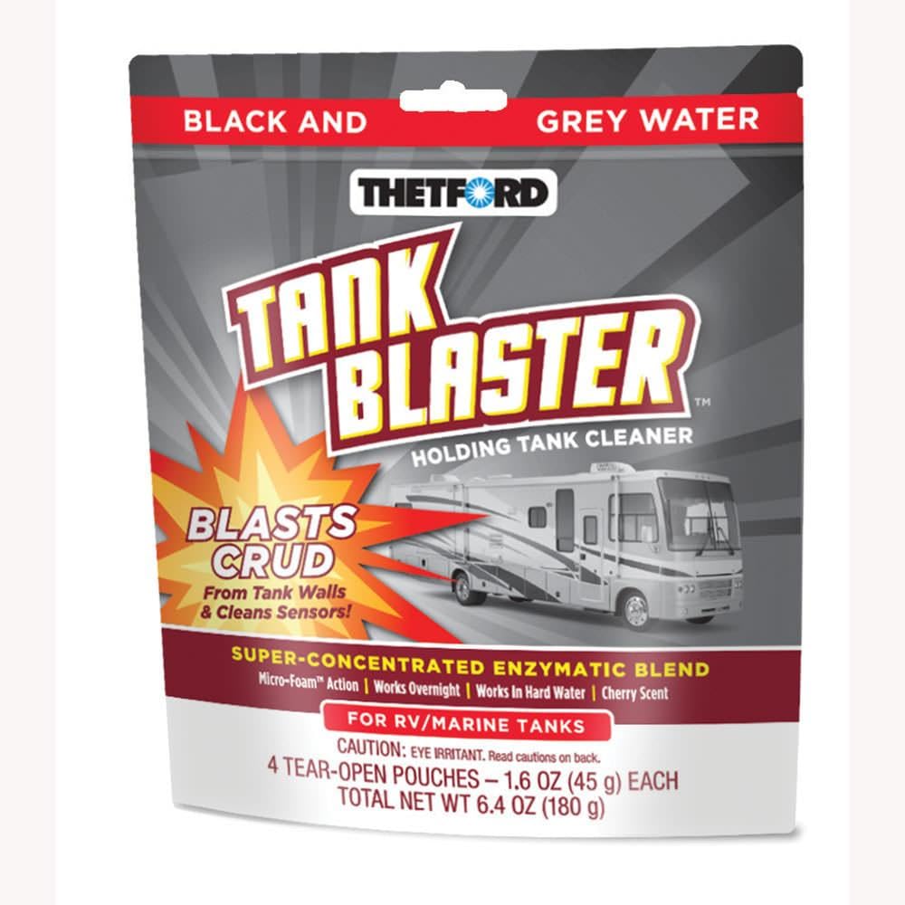 Thetford Tank Blaster packaging with 4 x 1.6 oz packets for RV waste tanks.