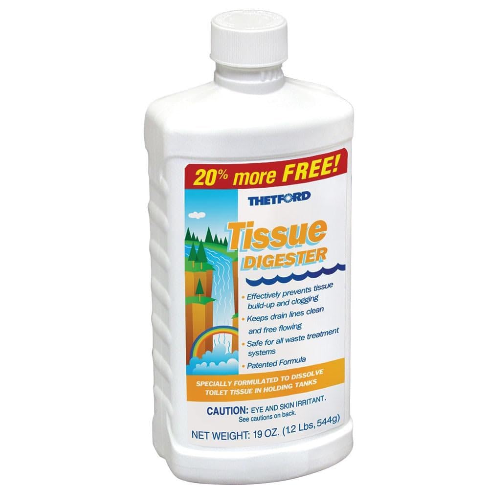 Thetford Tissue Digester bottle demonstrating biodegradable formula for RV and boat waste tanks