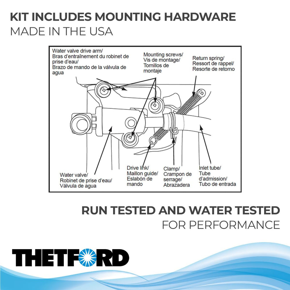 Thetford water valve kit clamp and screws for secure fit.