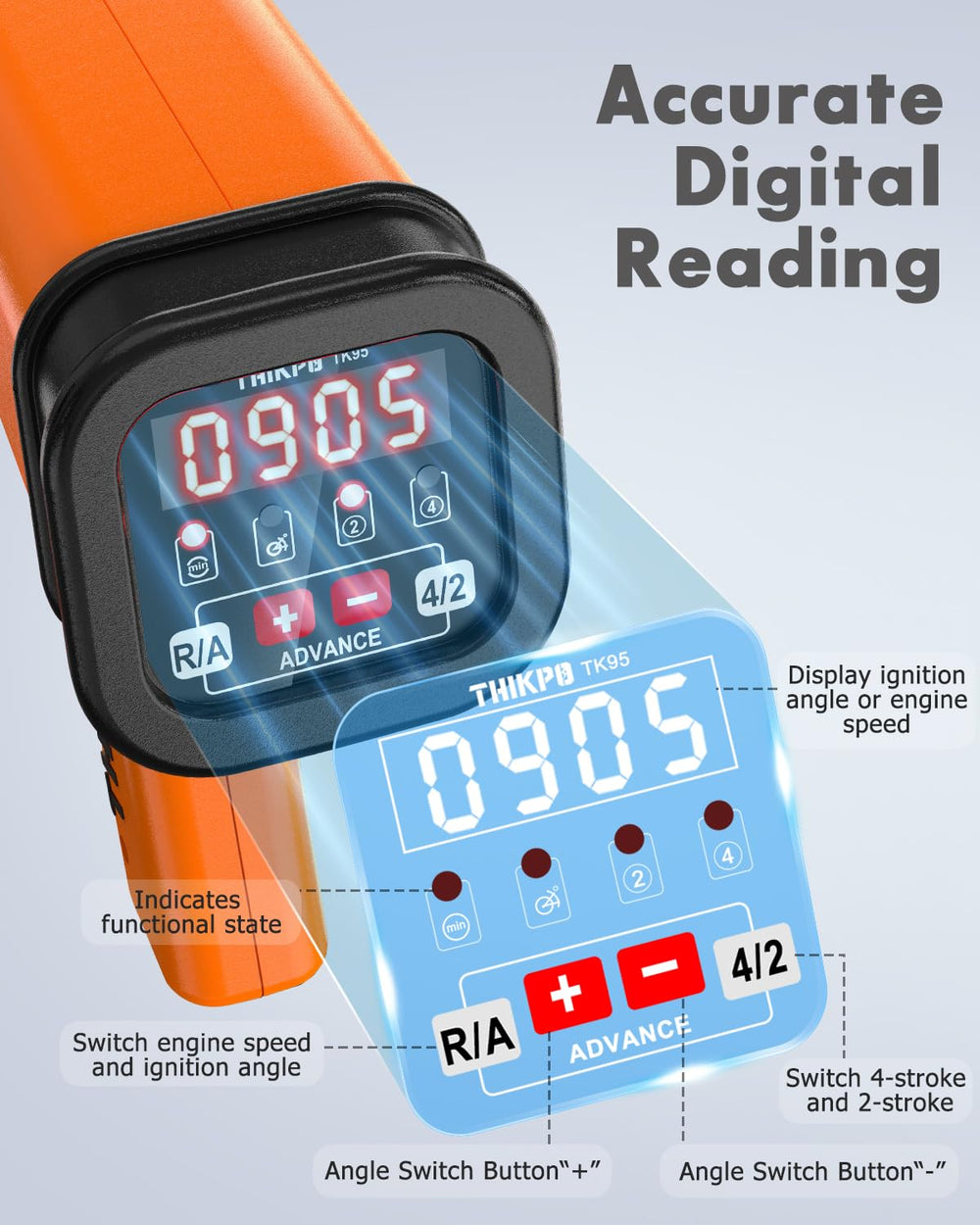 THIKPO inductive timing light with spark-plug clamp for precise readings on the fly.