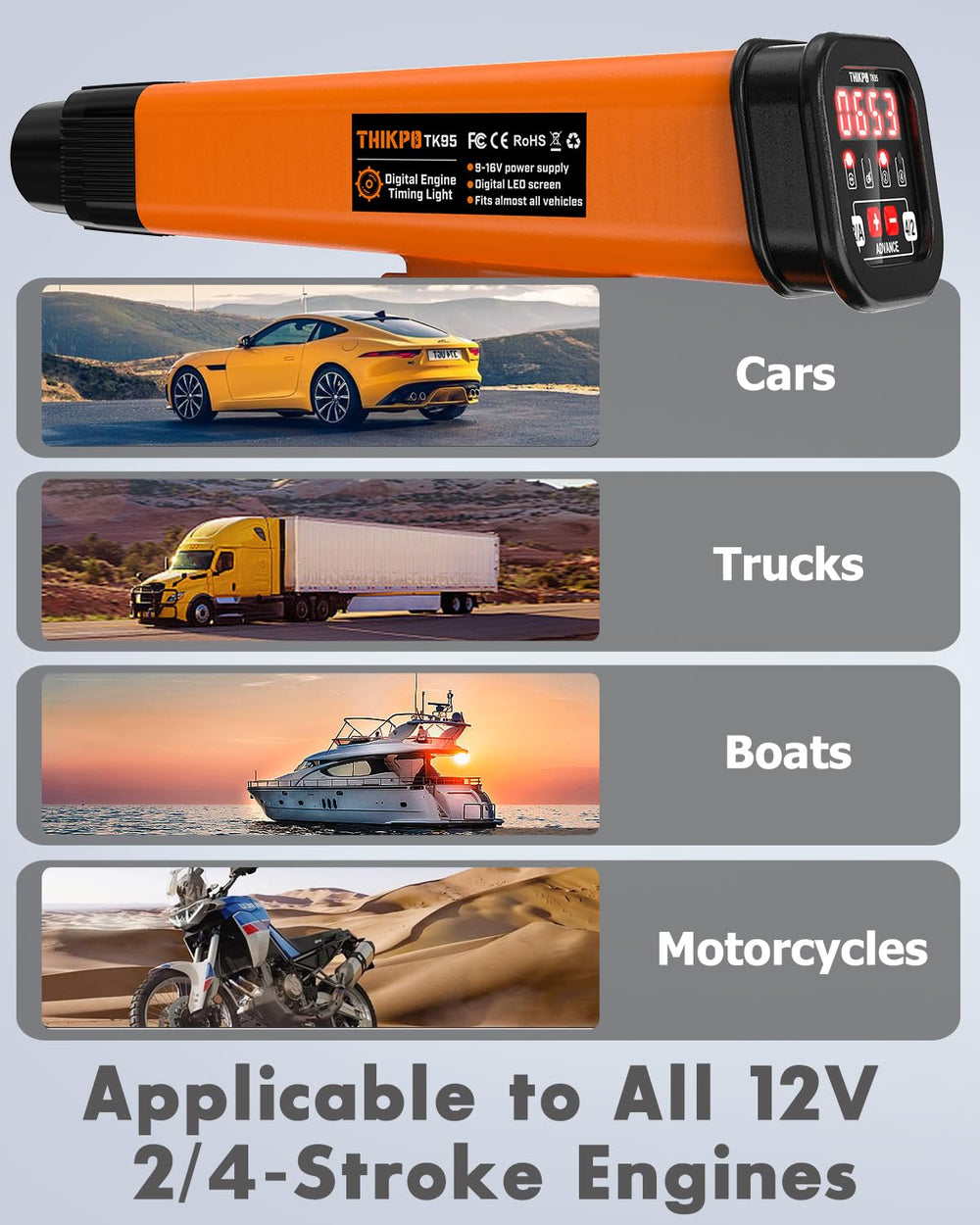 THIKPO timing light supports 2/4-stroke mode for versatile engine testing.