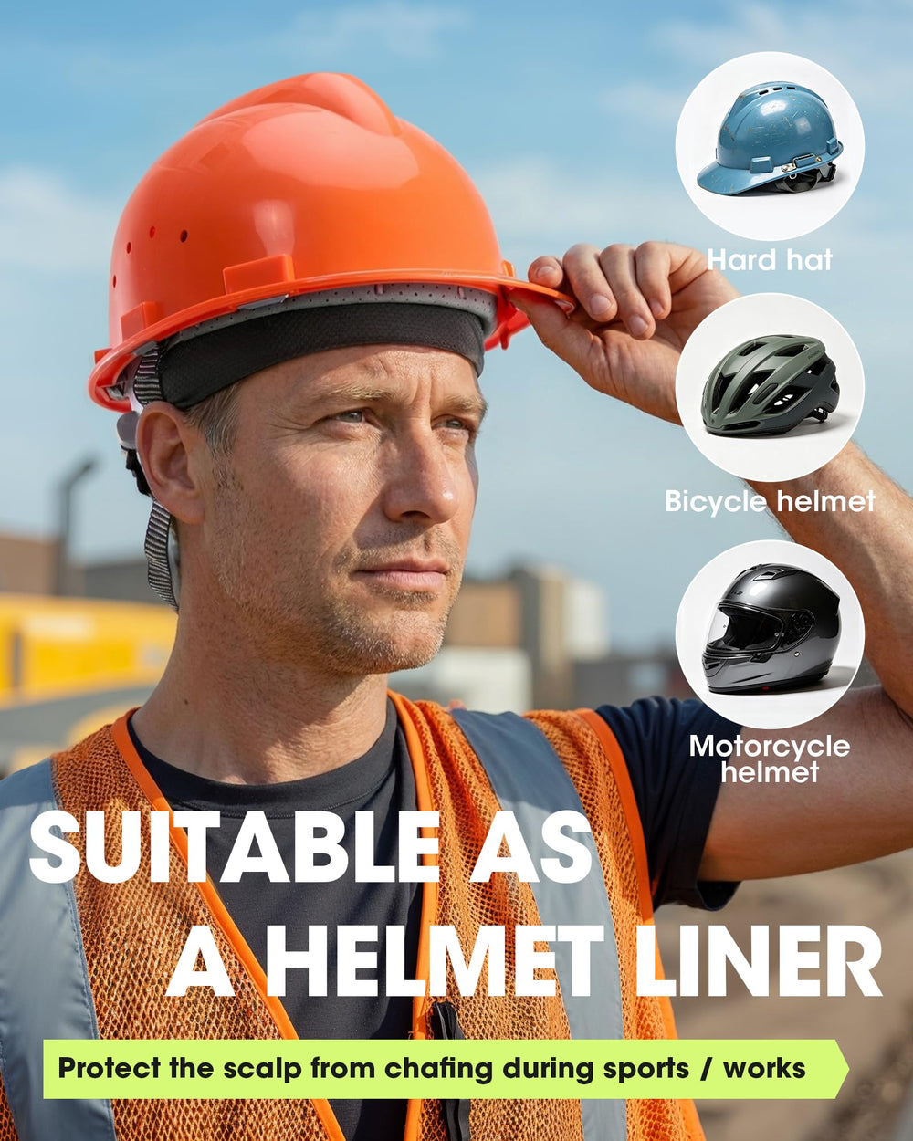 THINDUST skull cap worn under motorcycle helmet illustrating secure non-slip benefit