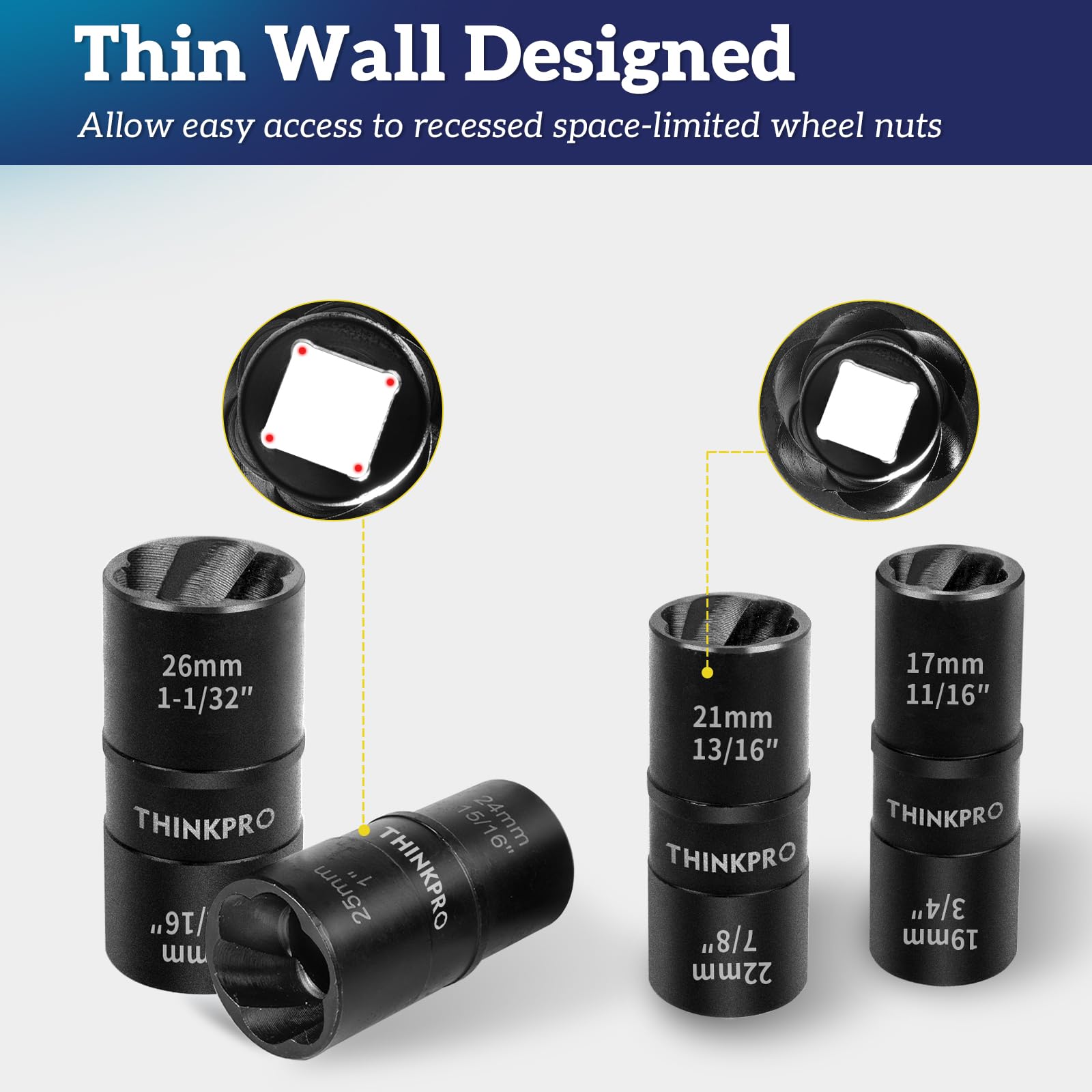 Thinkpro lug nut remover in use with a 1/2-inch drive wrench on a damaged nut