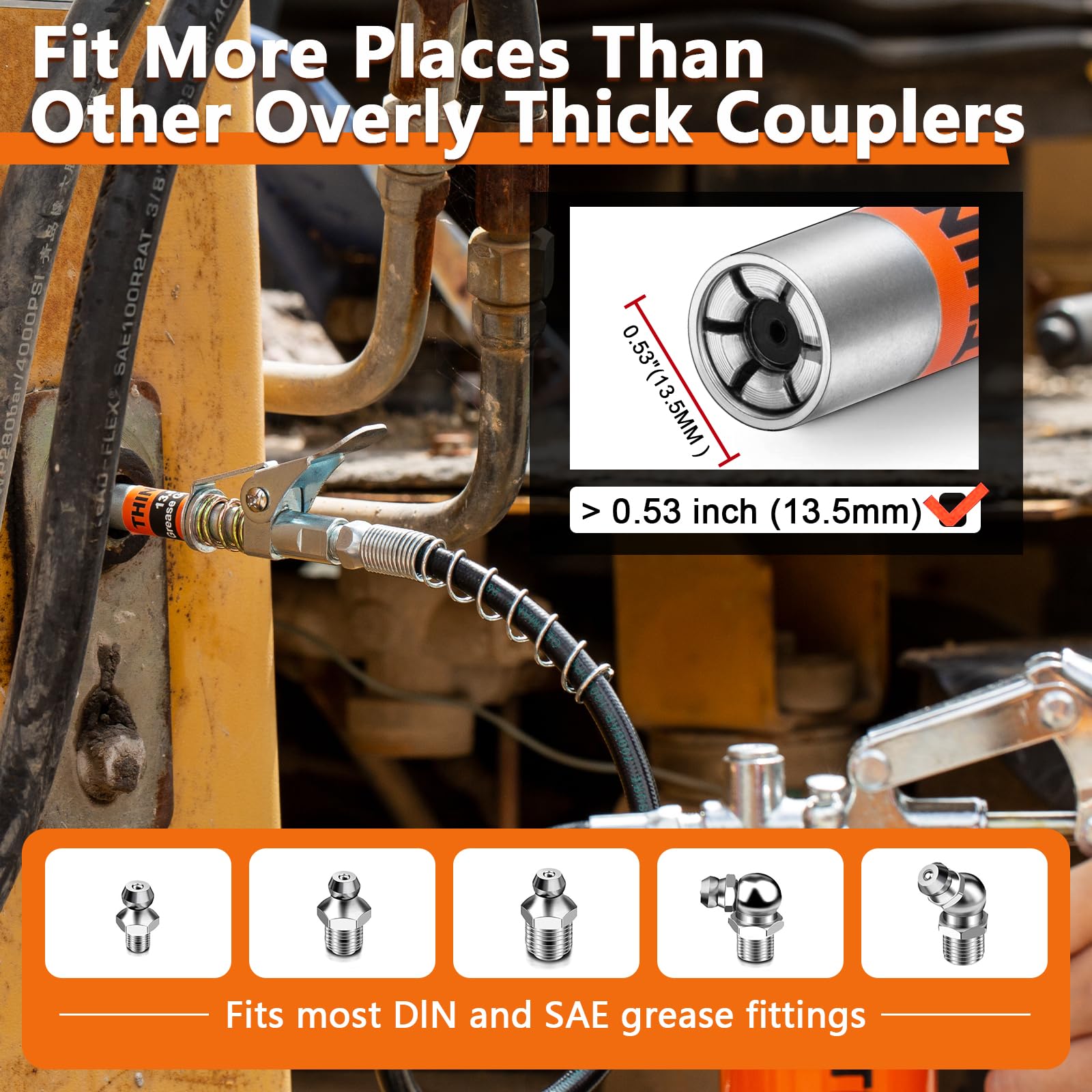 Thinkwork 6-jaw locking system secures the grease nozzle connection.