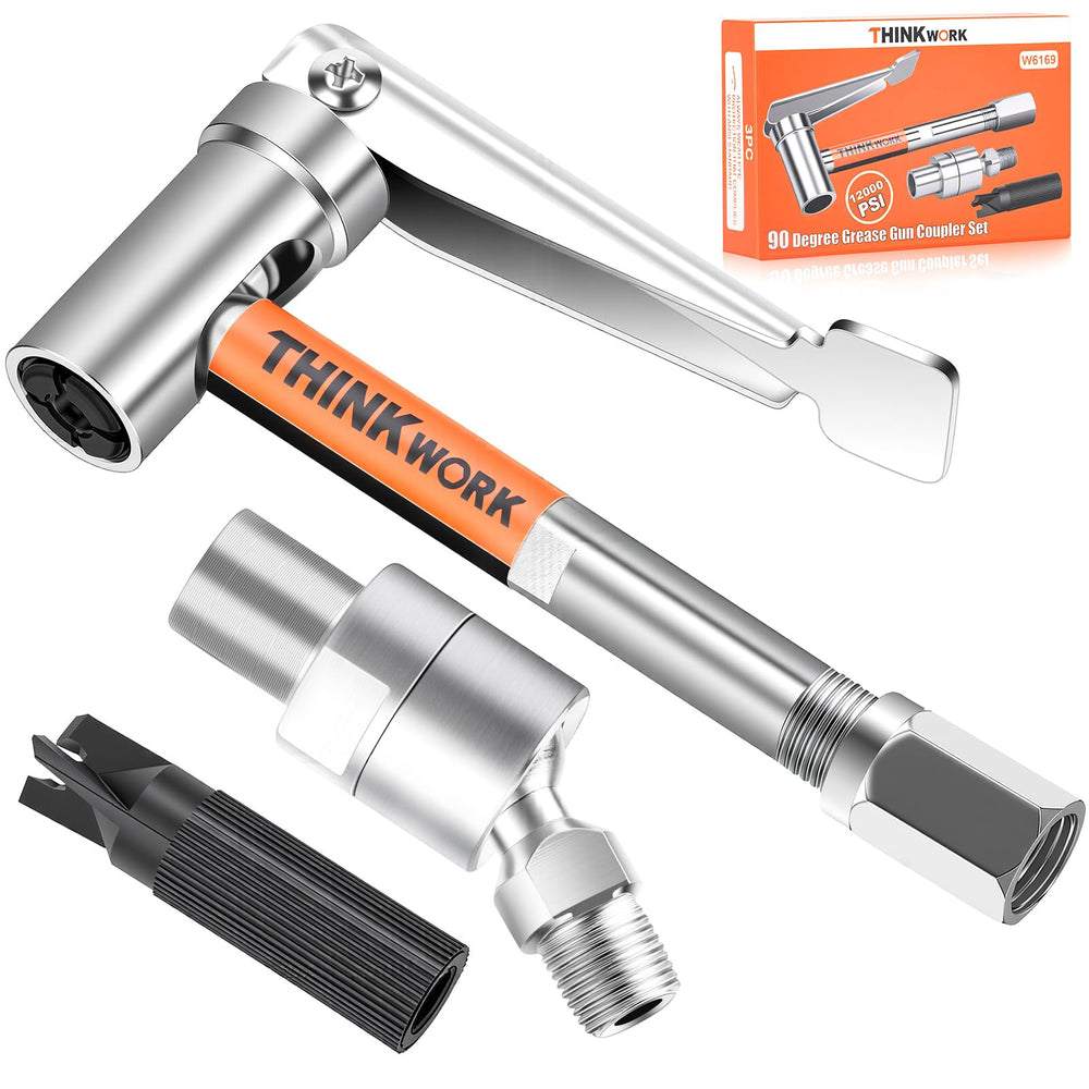 THINKWORK 90° grease coupler improves reach in tight spaces for difficult fittings.