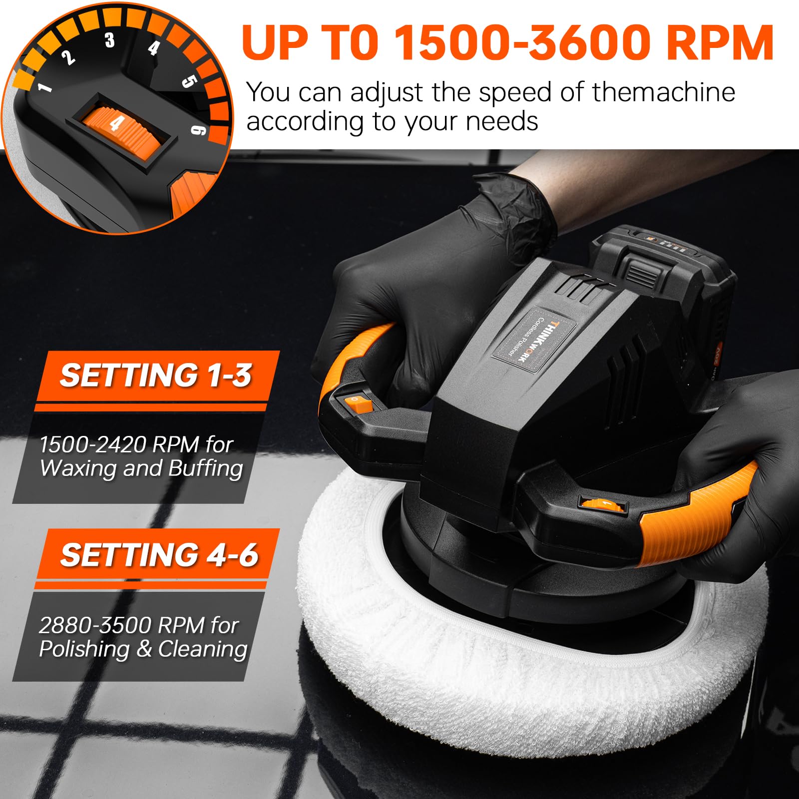 THINKWORK Buffer Polisher at multiple speeds from 1500 to 3600 rpm.