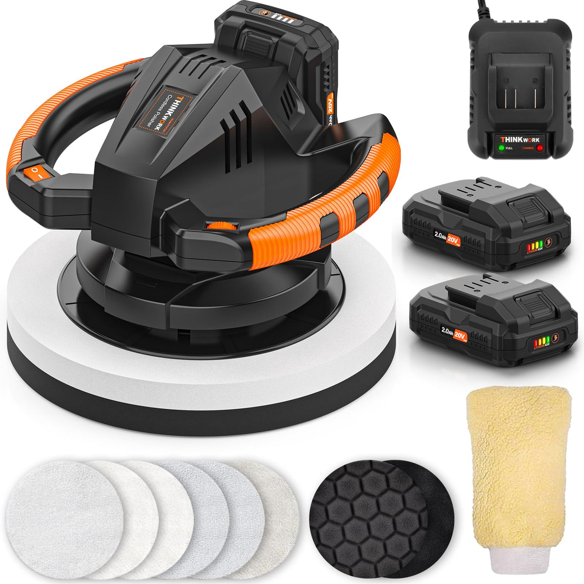 THINKWORK Buffer Polisher in action on car waxing, cordless convenience.