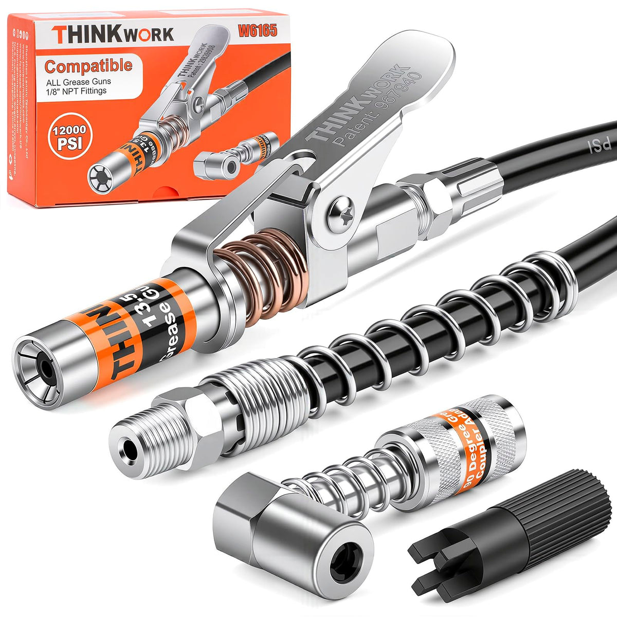 THINKWORK grease gun coupler shown in compact diameter for tight spaces and easy access
