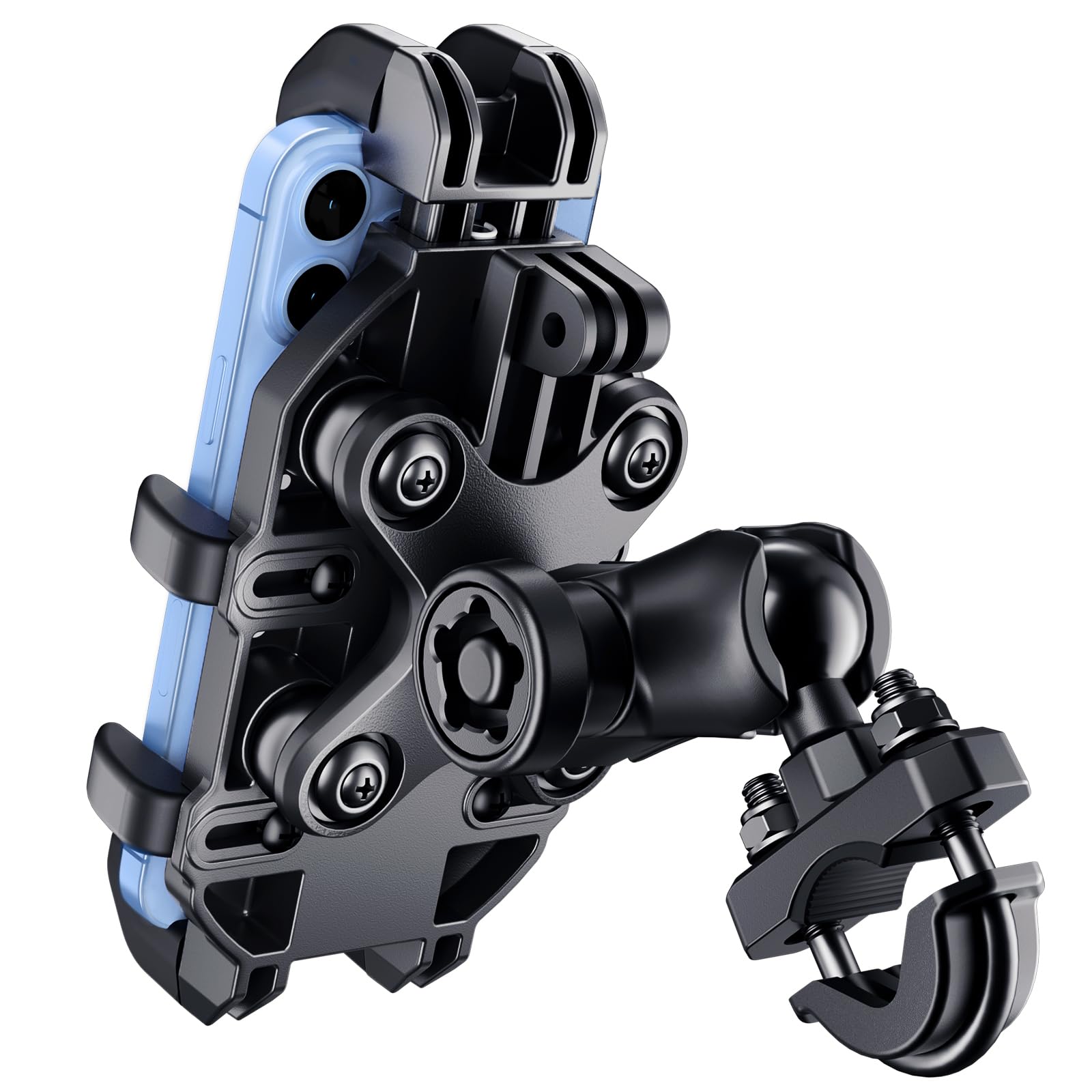 Thlevel motorcycle mount demonstrating the secure clamp for quick one-handed mounting.