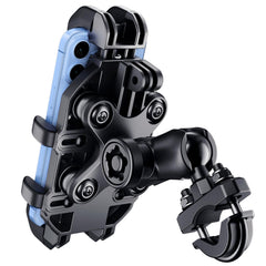 Thlevel motorcycle mount demonstrating the secure clamp for quick one-handed mounting.