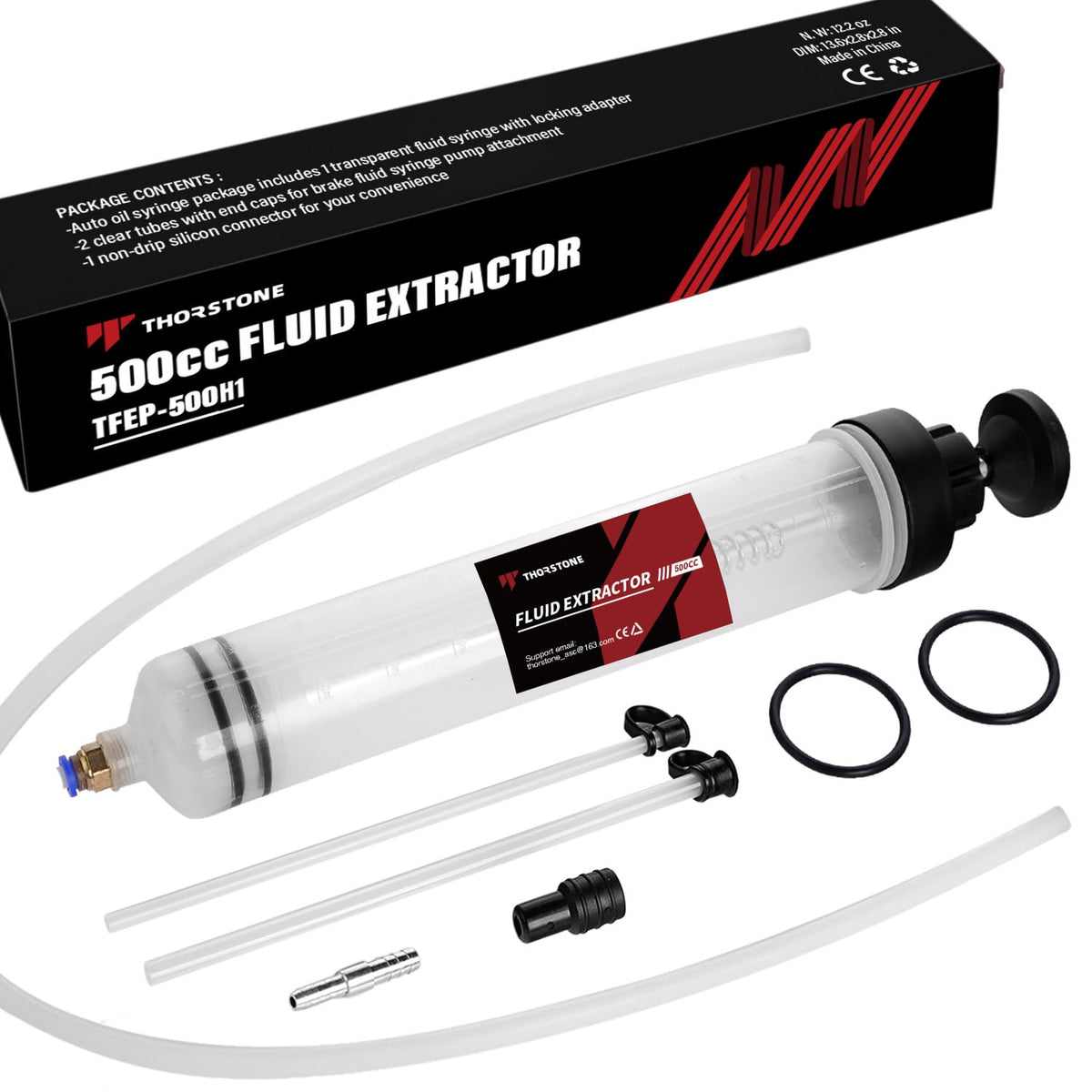 Thorstone fluid syringe evacuator for precise automotive oil changes.