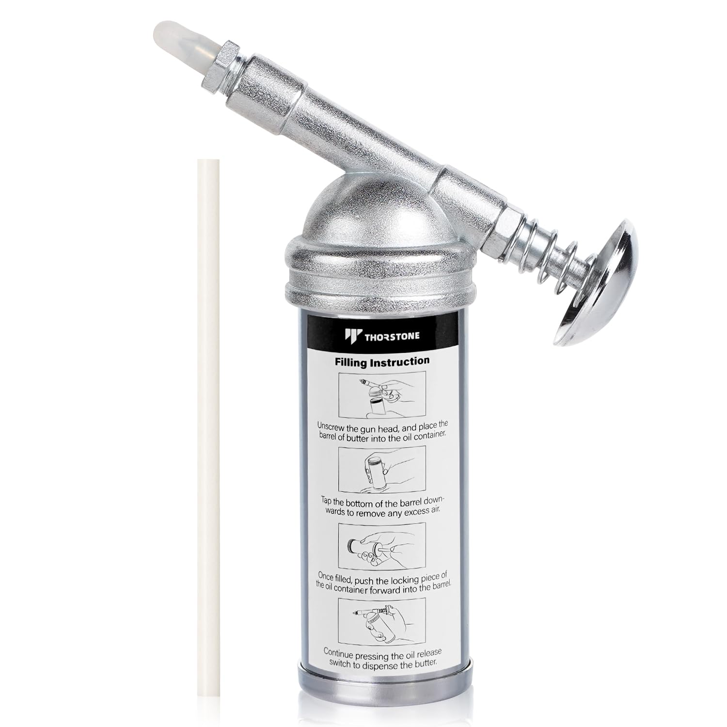 Thorstone mini grease gun with needle nozzle for precise lubrication of small fittings.