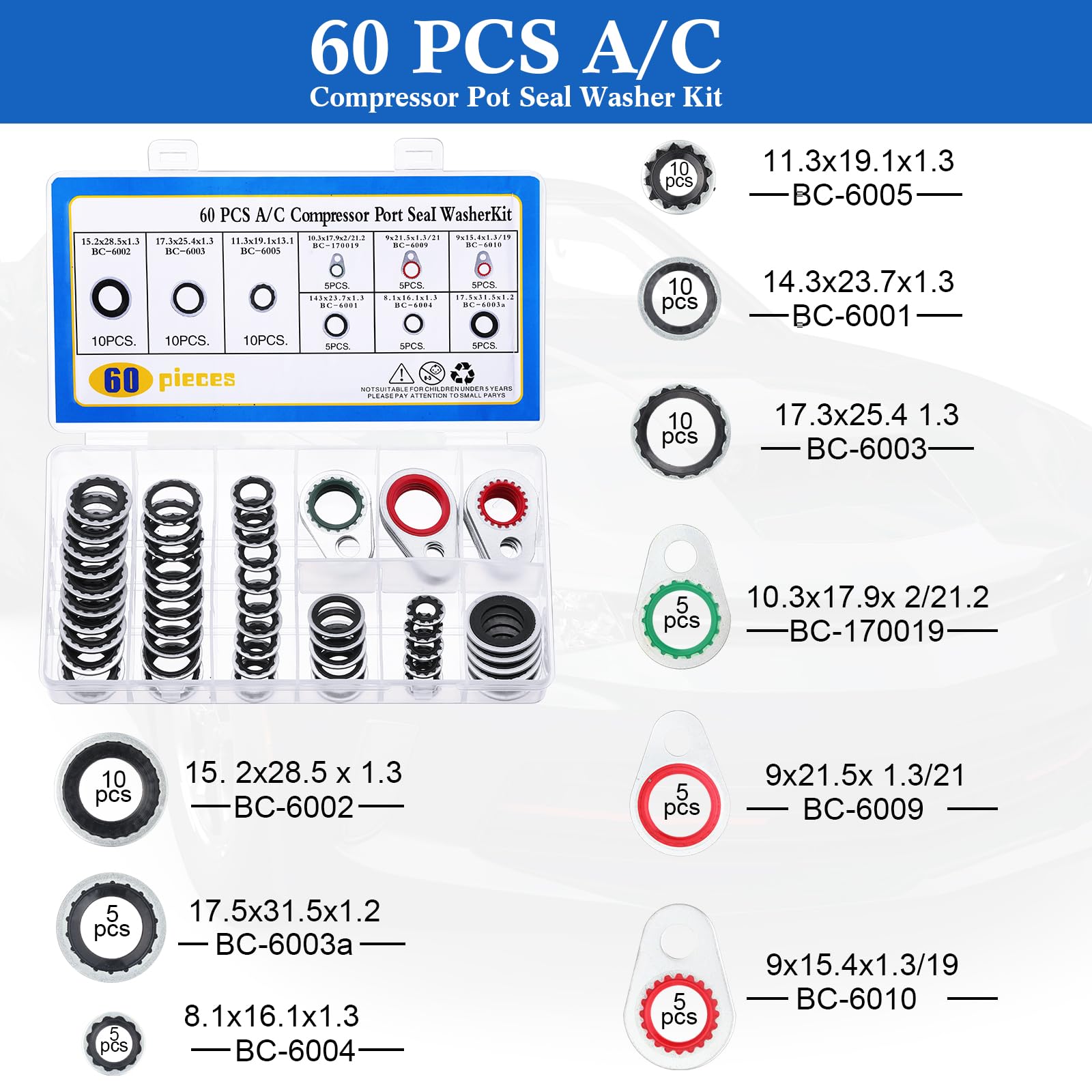 Threlaco compressor gasket seals 60 pcs with thickened metal rings.