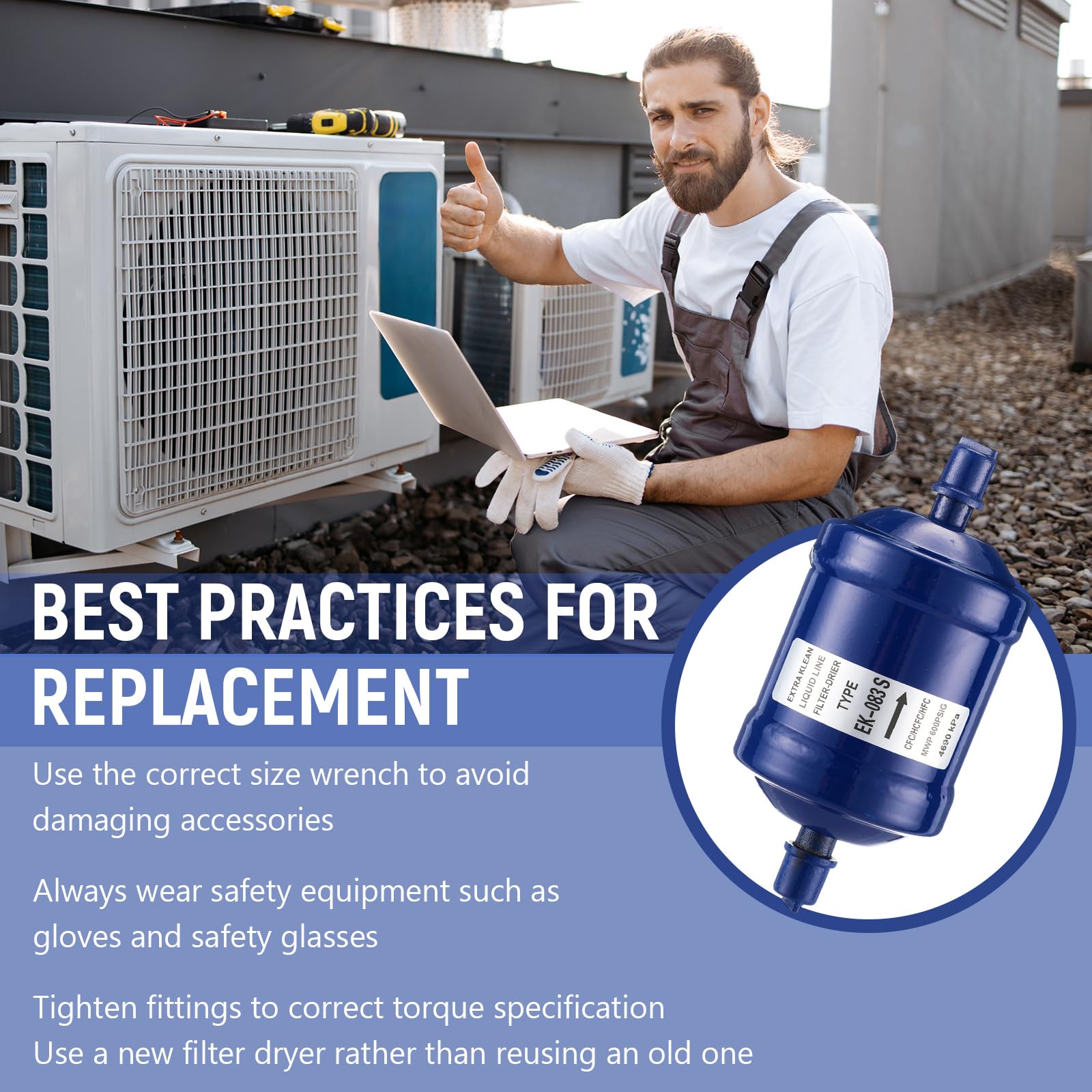 Threlaco EK-083S flow drier suited for 1–5 ton cooling and heating systems.