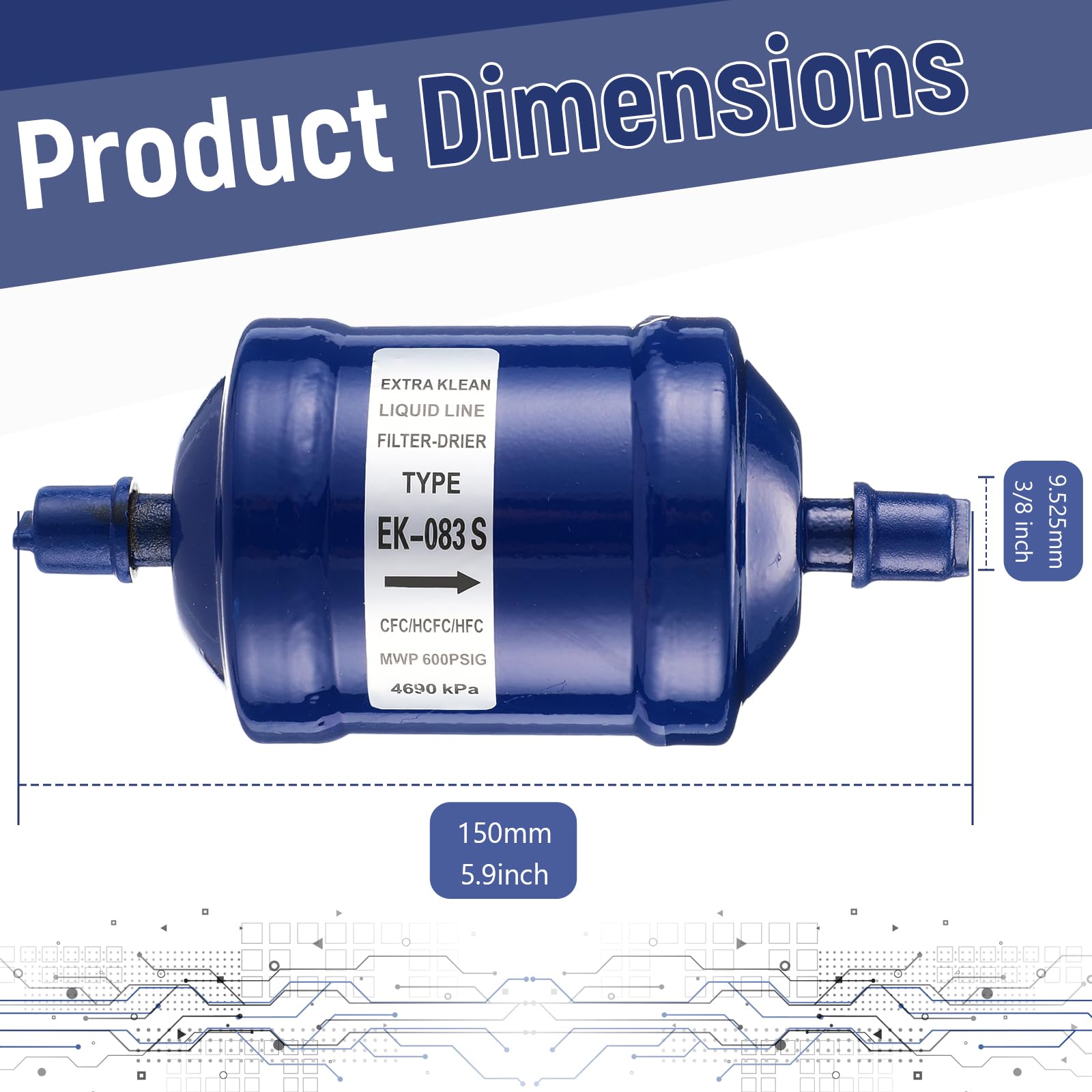 Threlaco EK-083S flow drier installation options showing horizontal or vertical mounting.