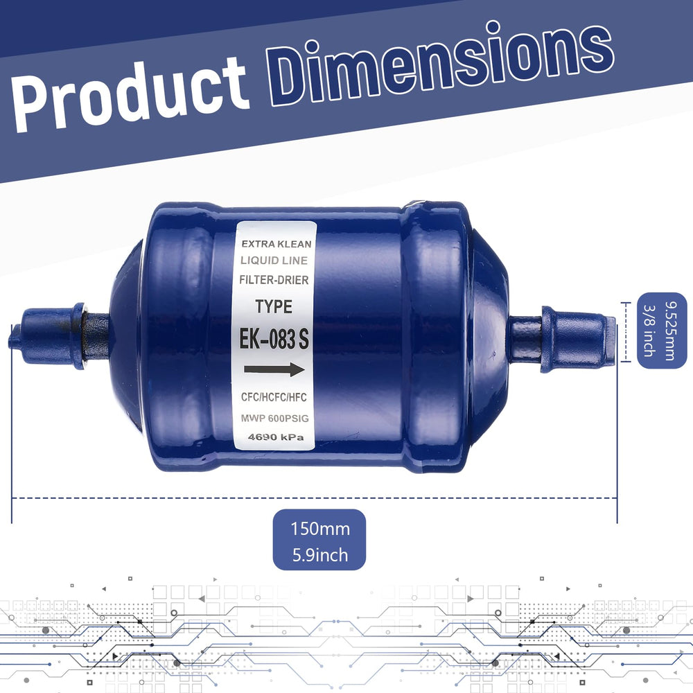 Threlaco EK-083S flow drier installation options showing horizontal or vertical mounting.