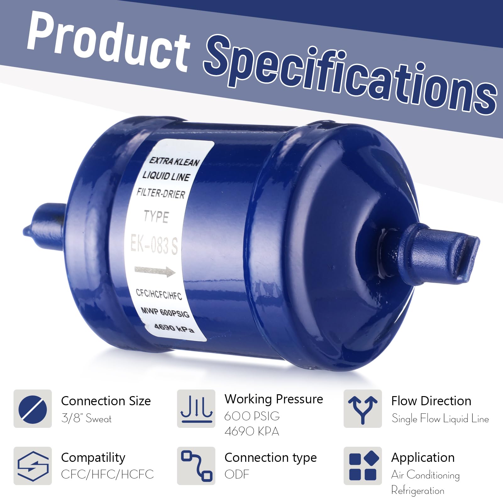 Threlaco EK-083S flow drier unidirectional design emphasizing proper refrigerant flow.