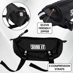 ThrottlePak compact yet spacious bar bag fits trail-day gear without crowding controls.