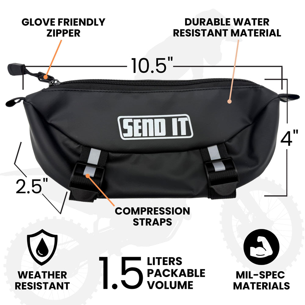 ThrottlePak universal fit bar bag attaches securely to a wide range of handlebars.