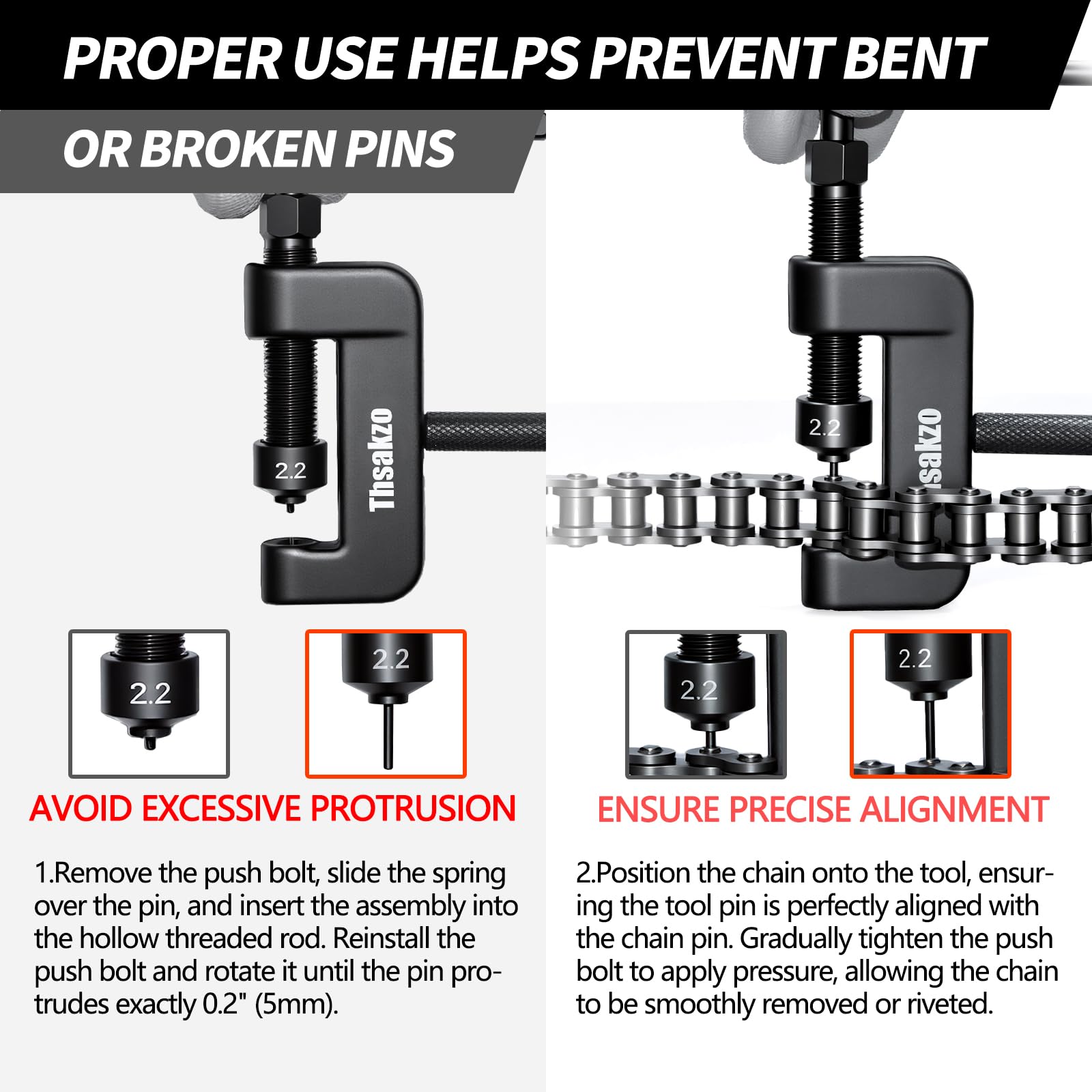 Thsakzo drive screw with precision threads keeps pins centered during removal.