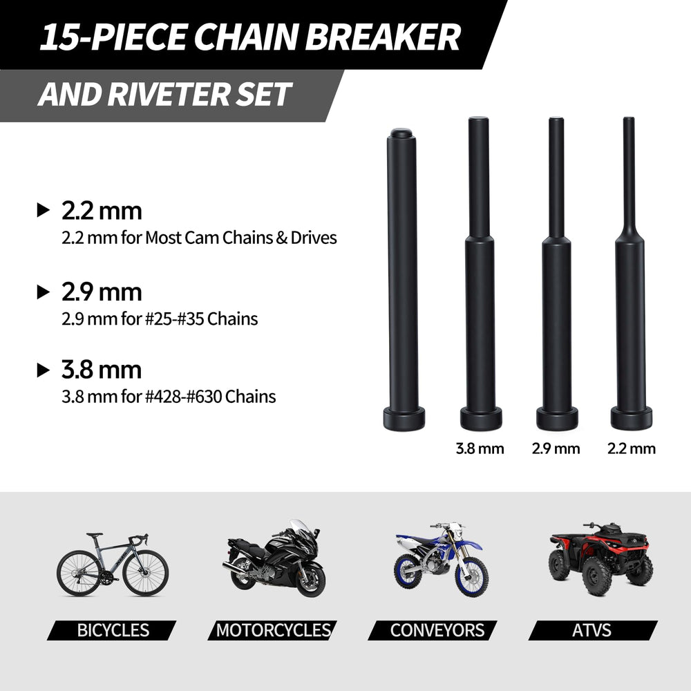 Thsakzo pin sizes 2.2mm, 2.9mm, 3.8mm fit multiple chain pitches.