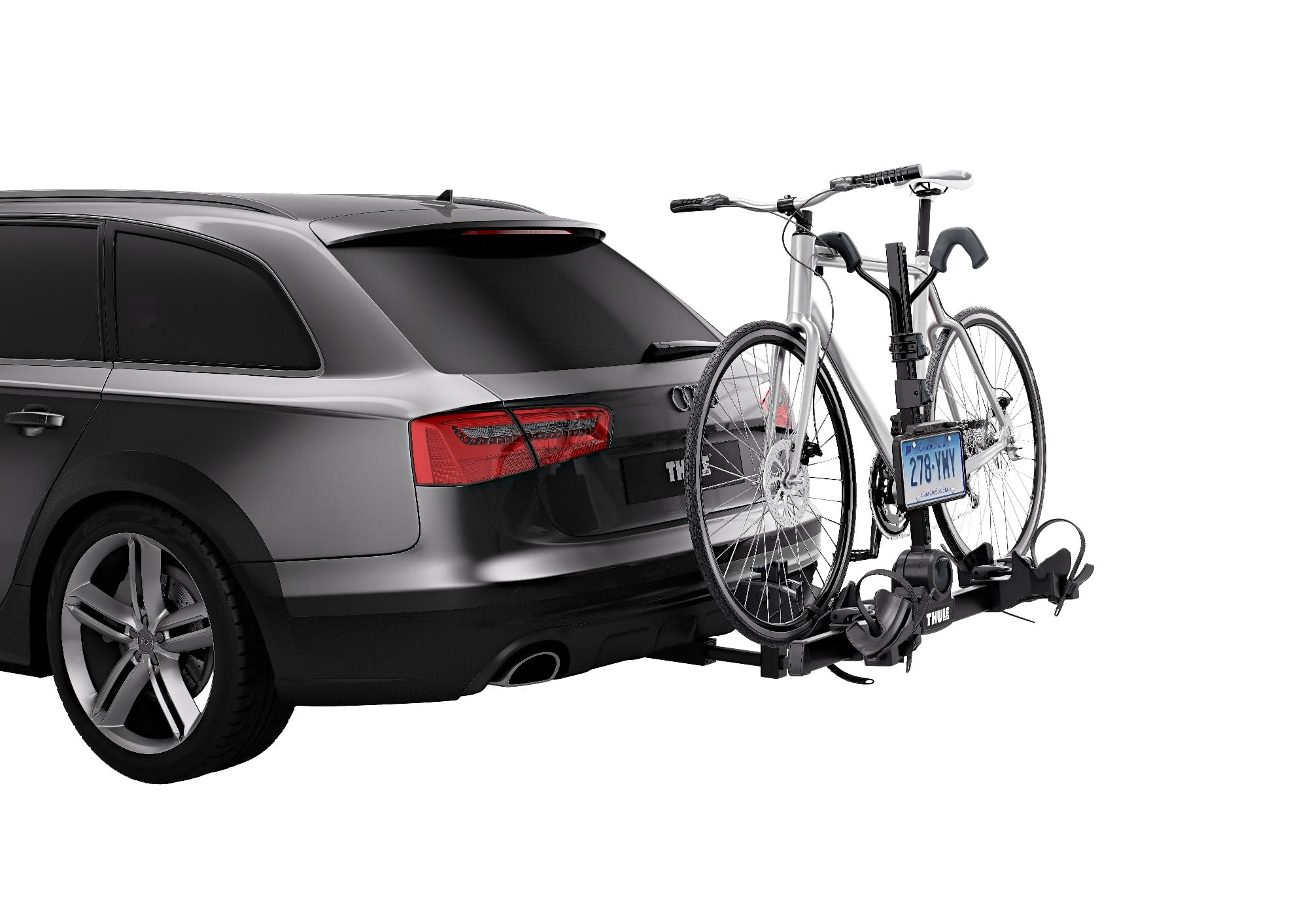 Thule black license plate holder attached to a rack with secure fit