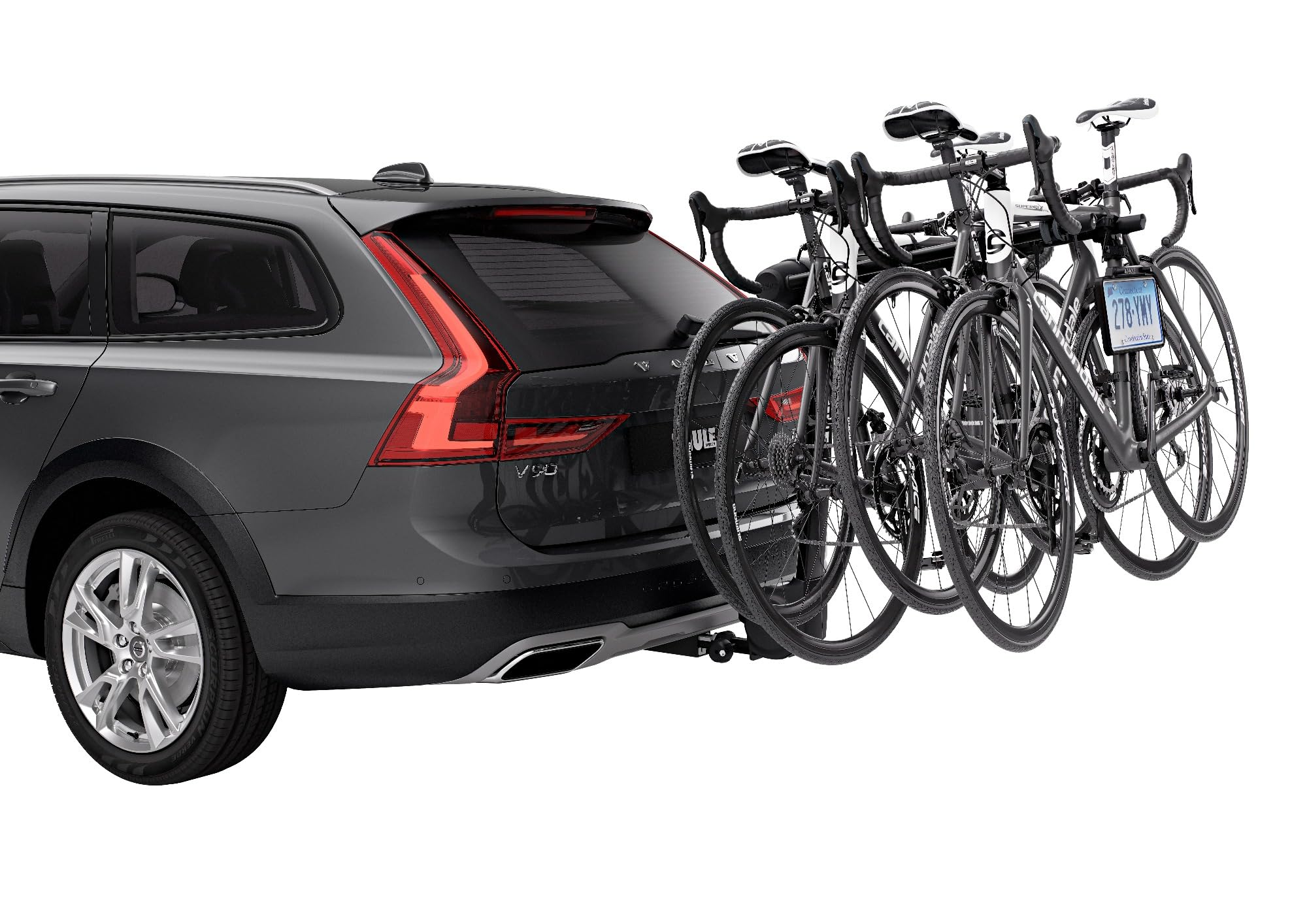 Thule black license plate holder showing integrated light for nighttime visibility