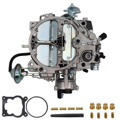 Close-up of THUNDERMINGO Rochester Quadrajet carburetor ready for 1980s Chevy V8 swap