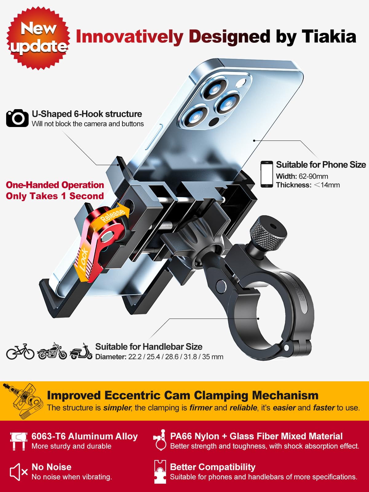 Tiakia bike phone mount 6063 aluminum body for durable, vibration-resistant mounting.