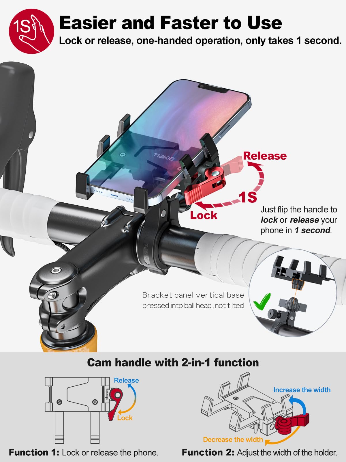 Tiakia bike phone mount nylon base and joint minimize vibration for smoother rides.
