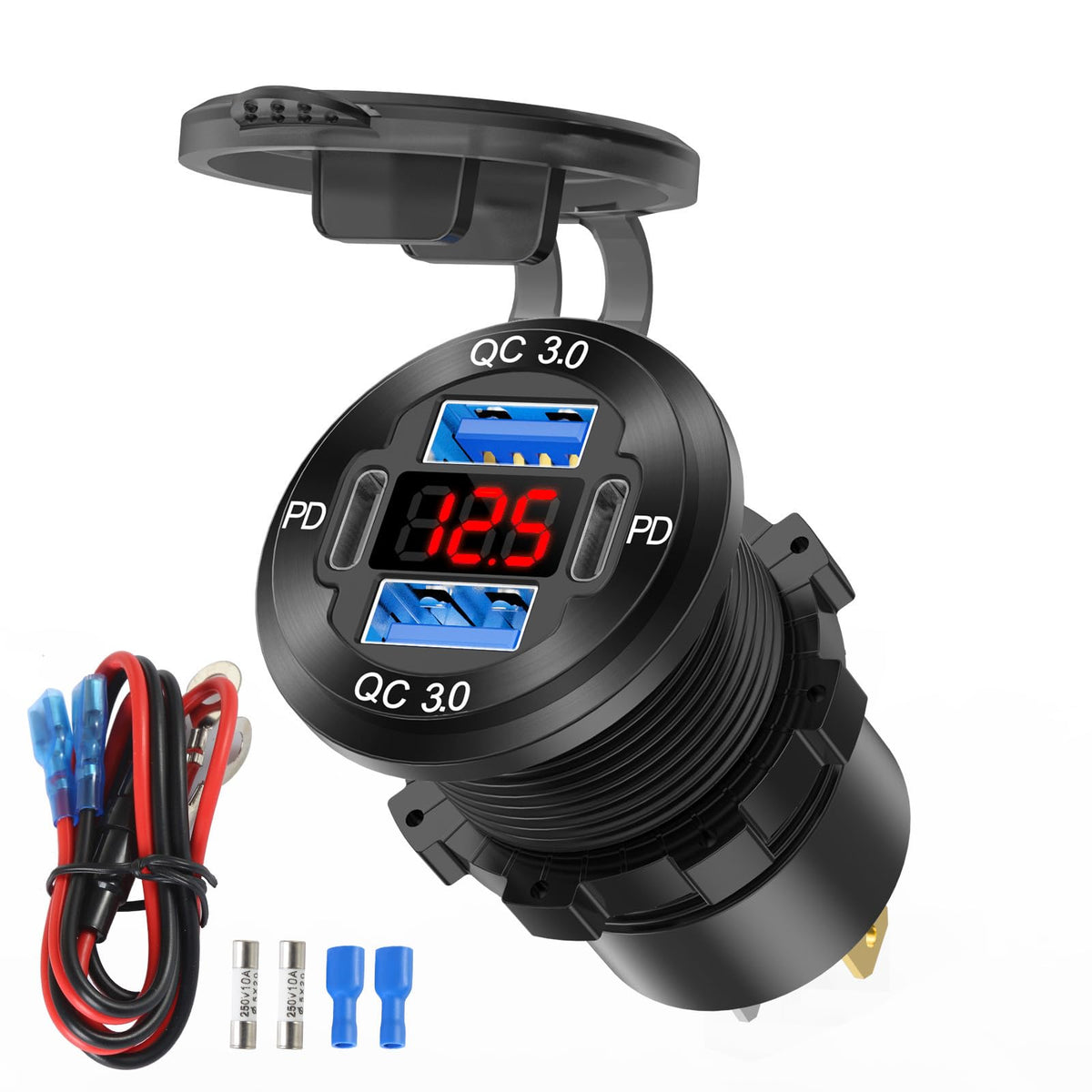 TIANWIDJEW 12V USB outlet front view showing four ports for versatile charging