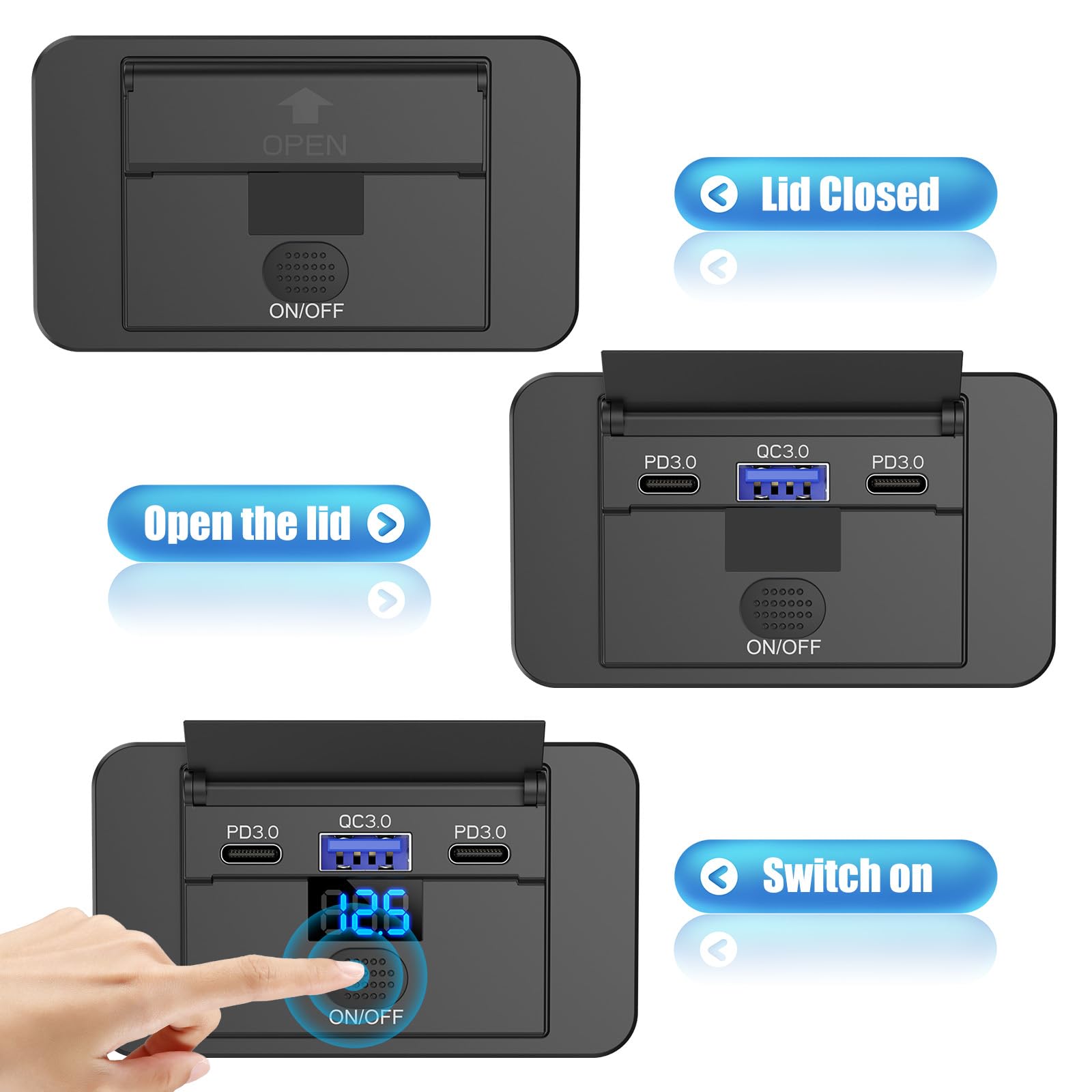 TIANWIDJEW USB-A QC 3.0 port charges compatible devices quickly.