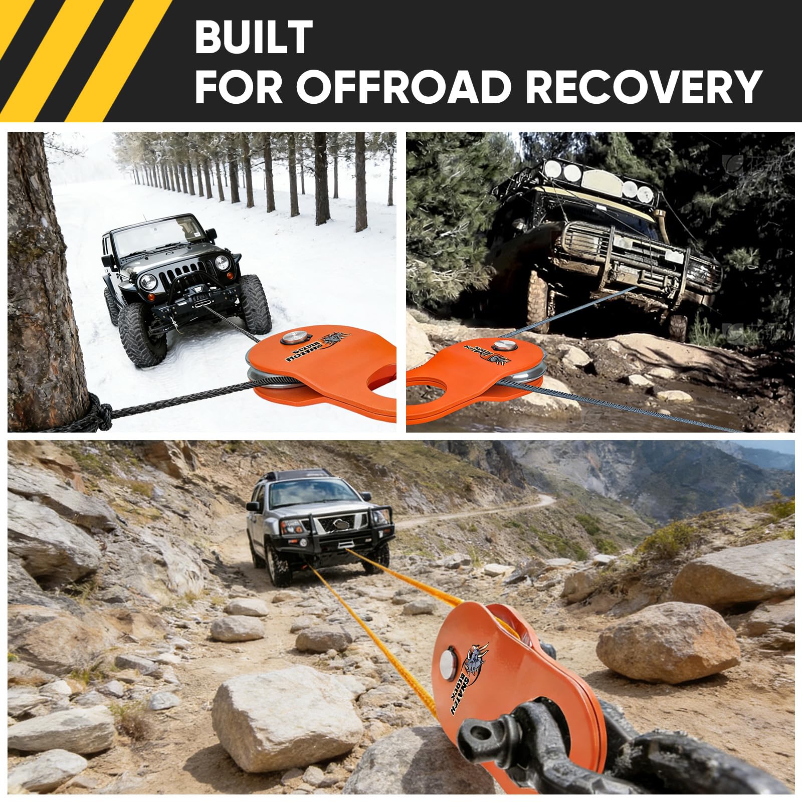 TICONN 10 Ton winch snatch block in rugged field use scenario.