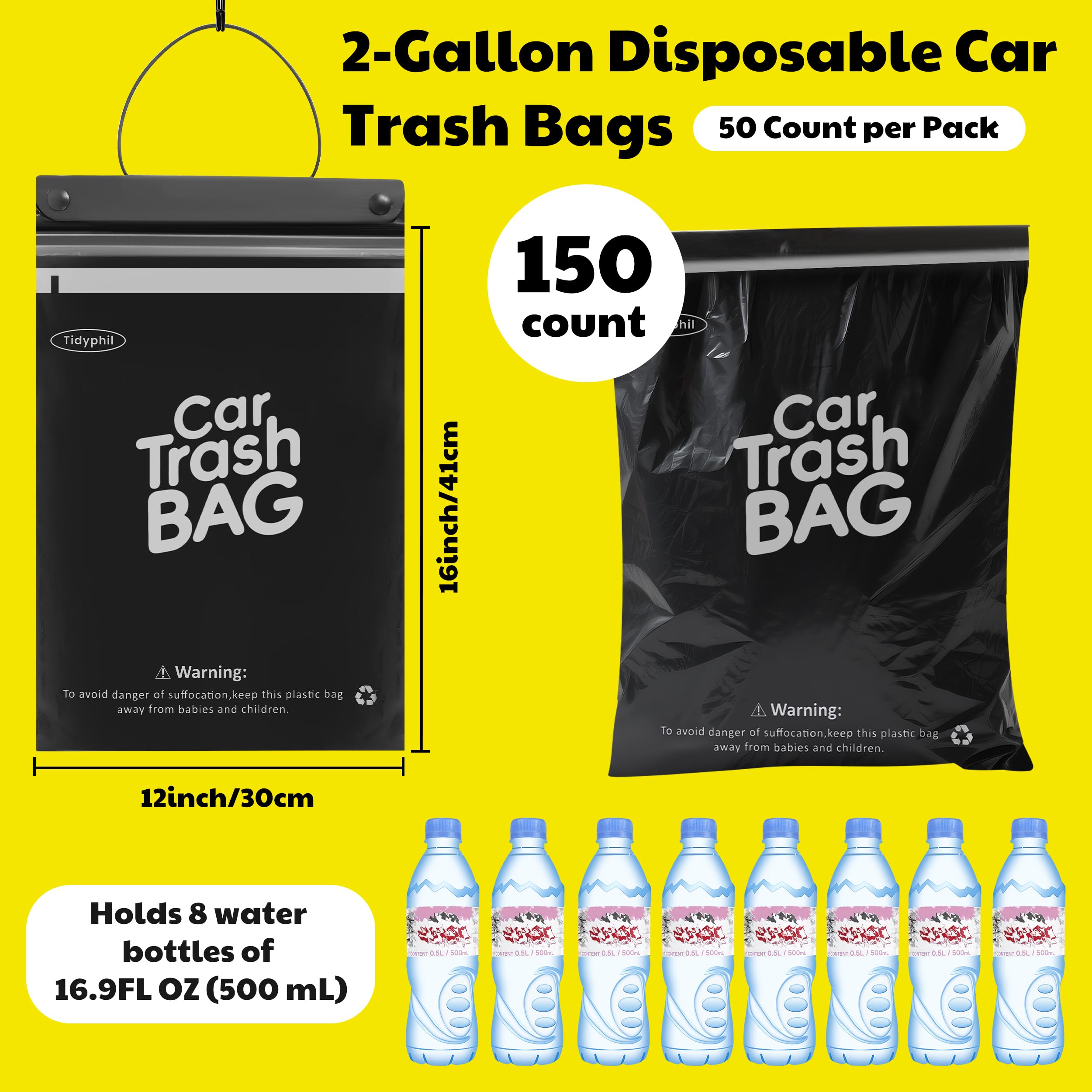 Tidyphil 2-gallon car trash bags with a compact profile save interior space.