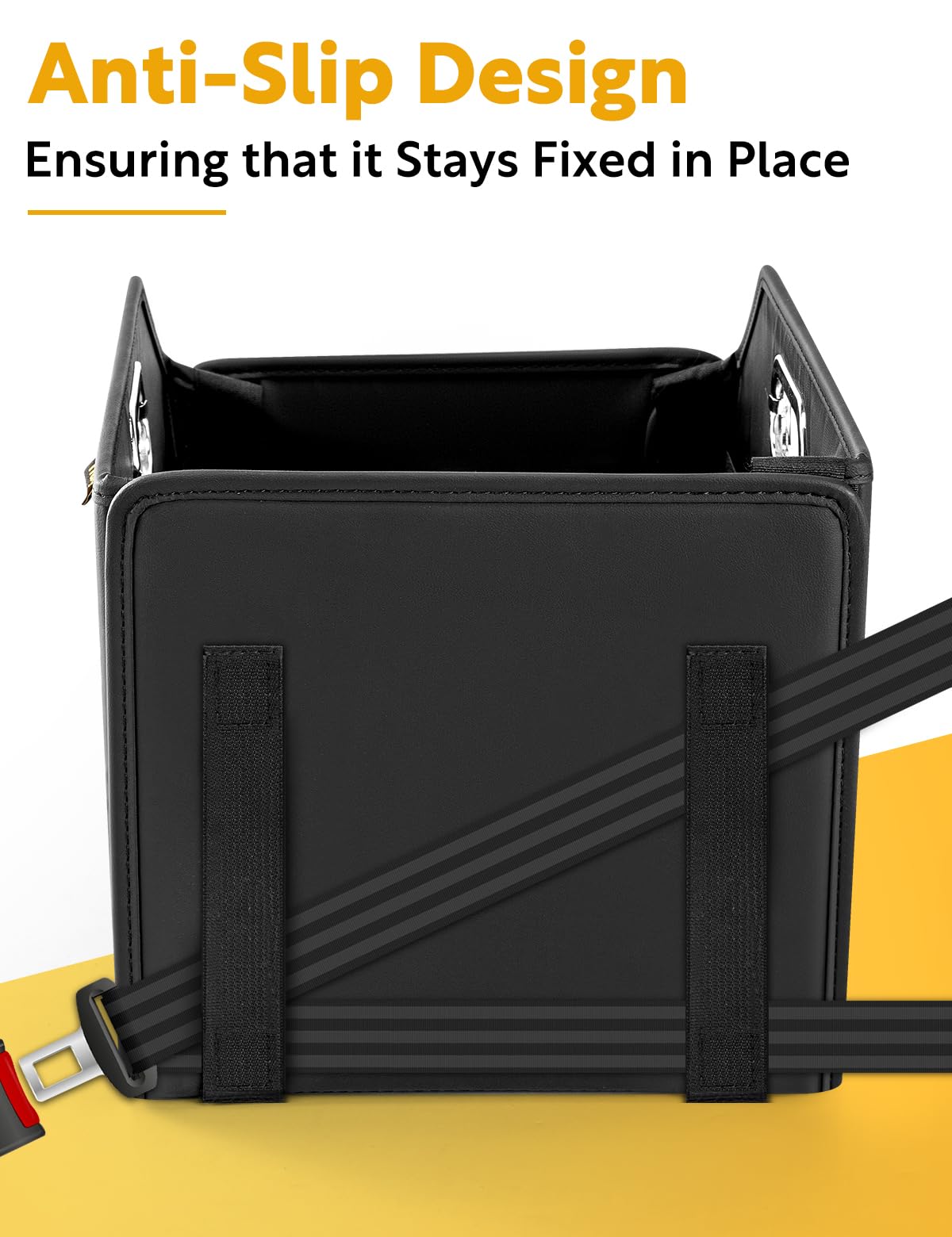 Tidyphil car seat organizer anti-slip strap prevents sliding on roads.