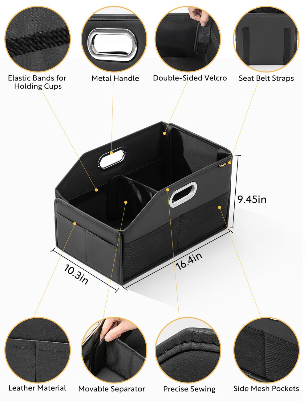 Tidyphil car seat organizer elastic cup bands hold drinks securely.