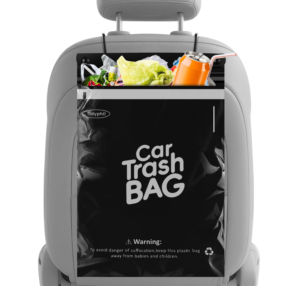 Tidyphil hanging car trash bag installed behind the front seat for clutter-free trips.