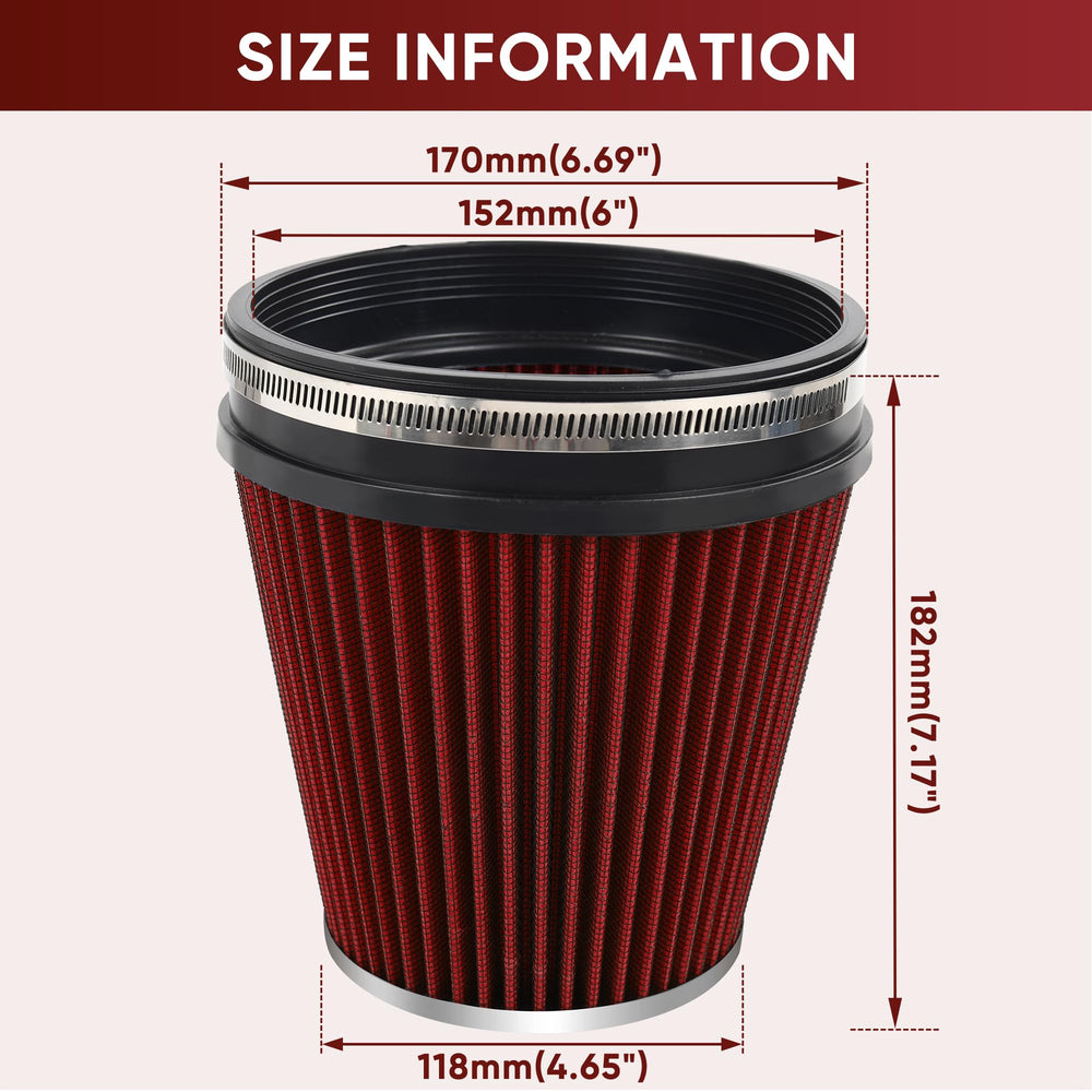 TIEVISHO high-flow cone filter, 6in inlet, supports engine breathing under higher demand.