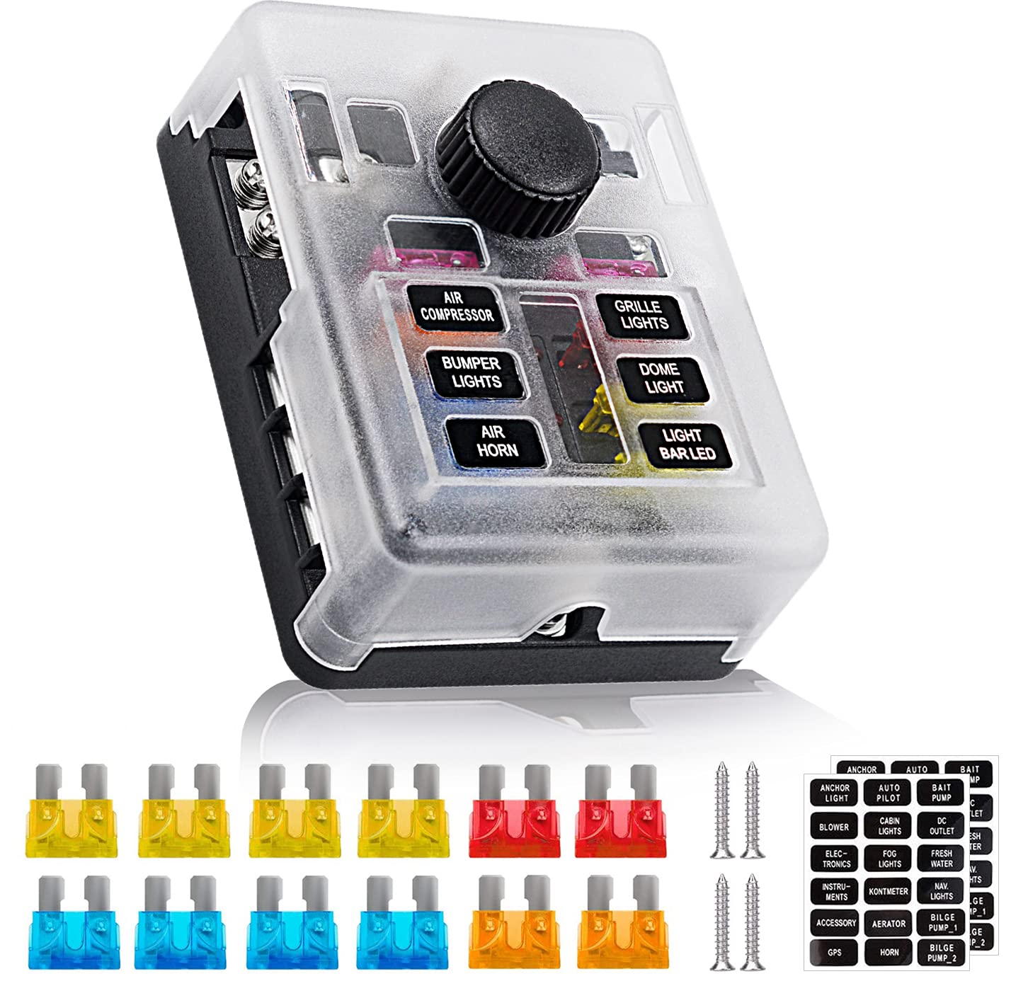 Tigwin 6-way fuse box front view, waterproof housing for 12V systems.