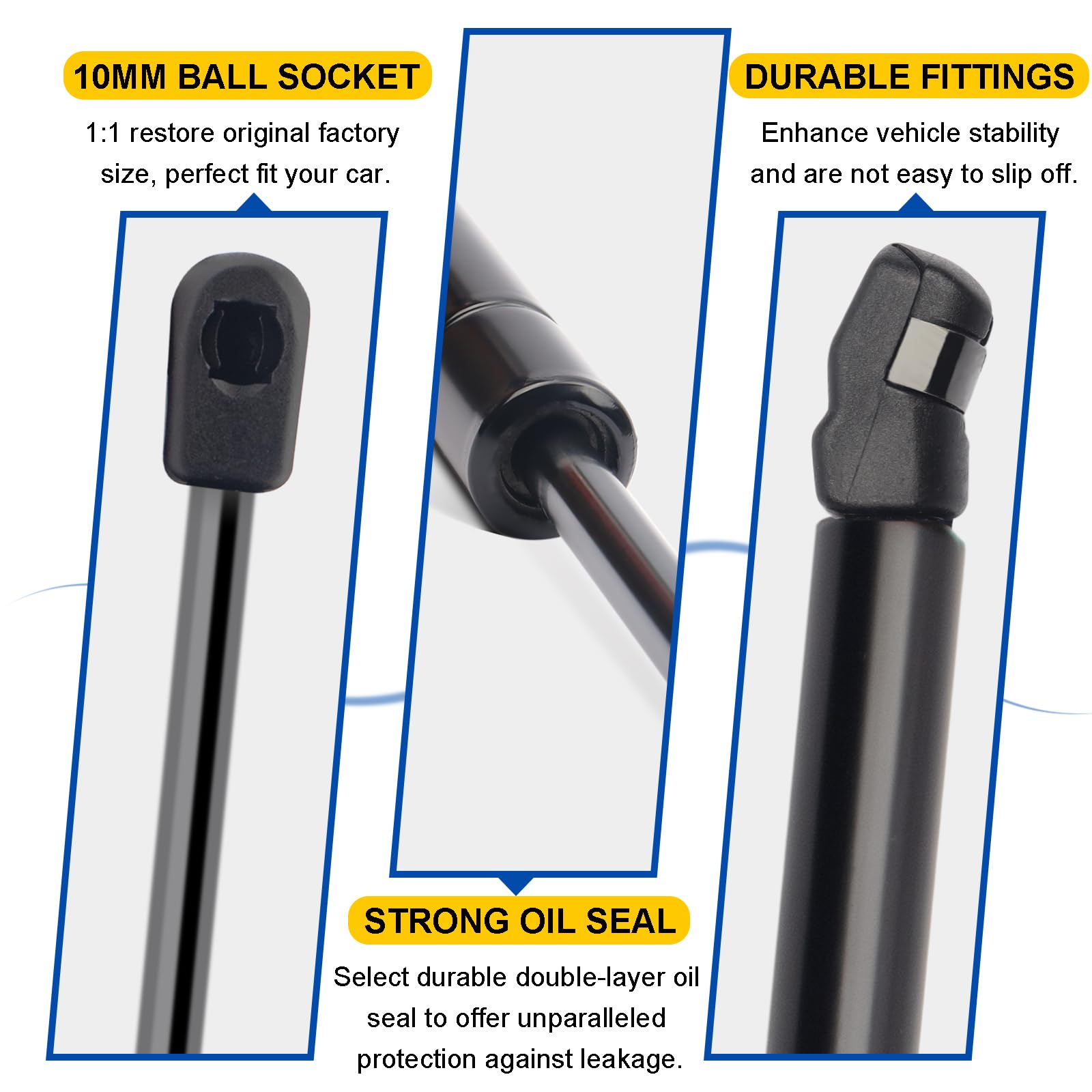 TIKMAX hood struts installation step visual shows a simple five-minute setup.